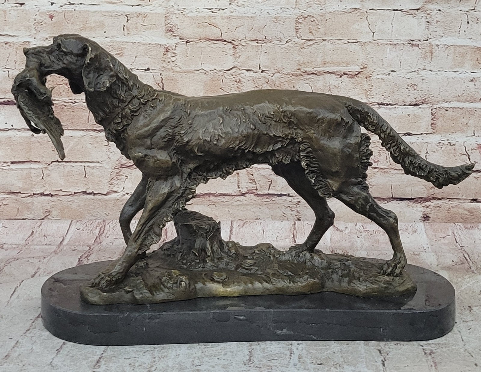 Hot Cast Handcrafted Golden Retriever Hunting Dog With Bird Bronze Sculpture
