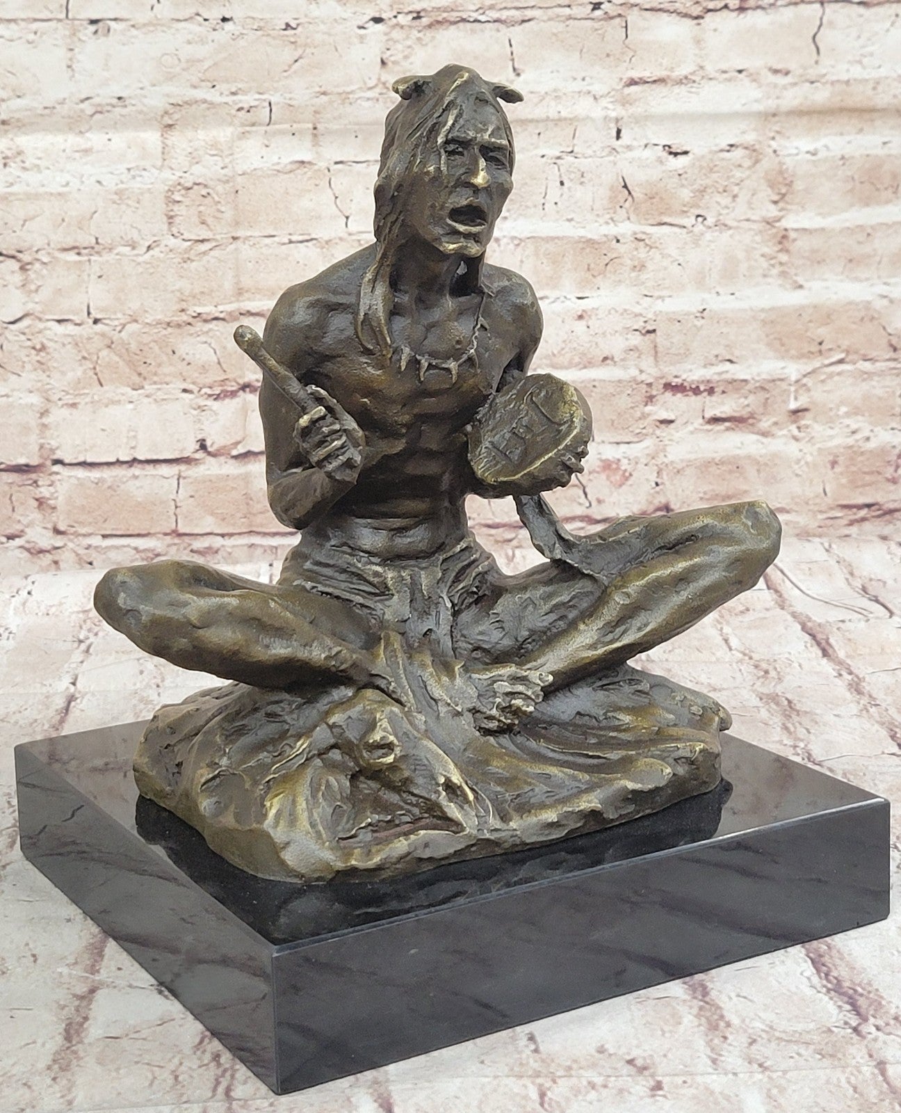 Large Bronze Sculpture - American Indian Chief Playing Ceremonial Drum 20 LBS