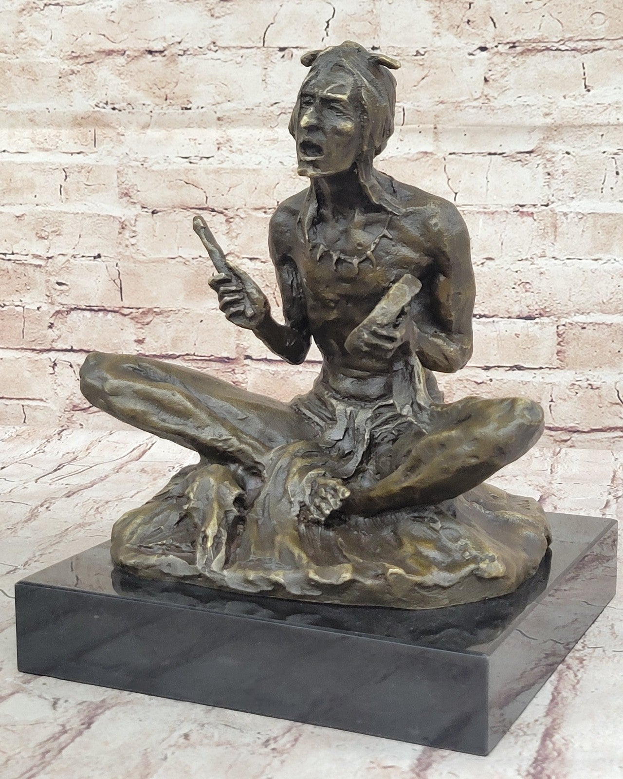 Large Bronze Sculpture - American Indian Chief Playing Ceremonial Drum 20 LBS