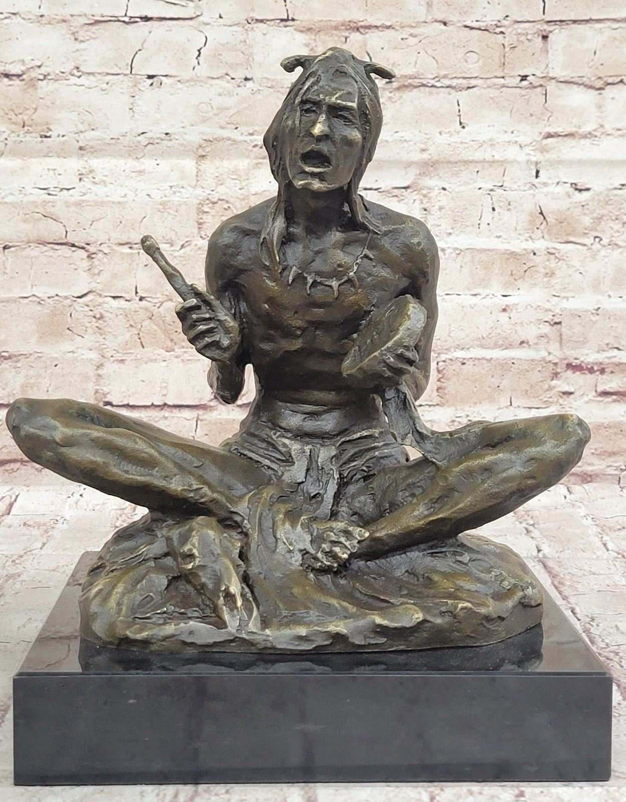 Large Bronze Sculpture - American Indian Chief Playing Ceremonial Drum 20 LBS