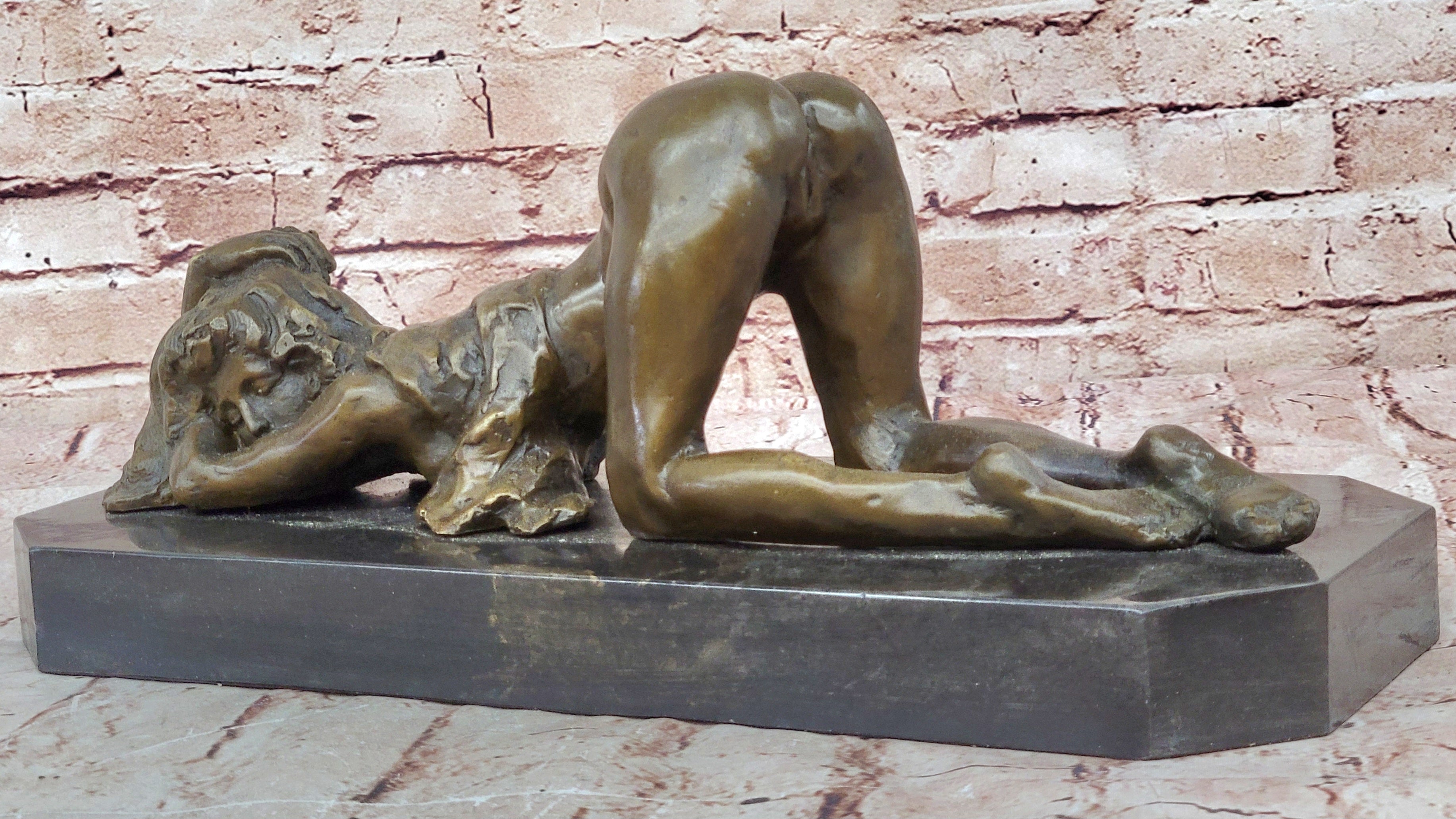 100% Hot Cast Bronze on Marble Base Nude Erotic Girl on Knees Lesbian Art Preiss
