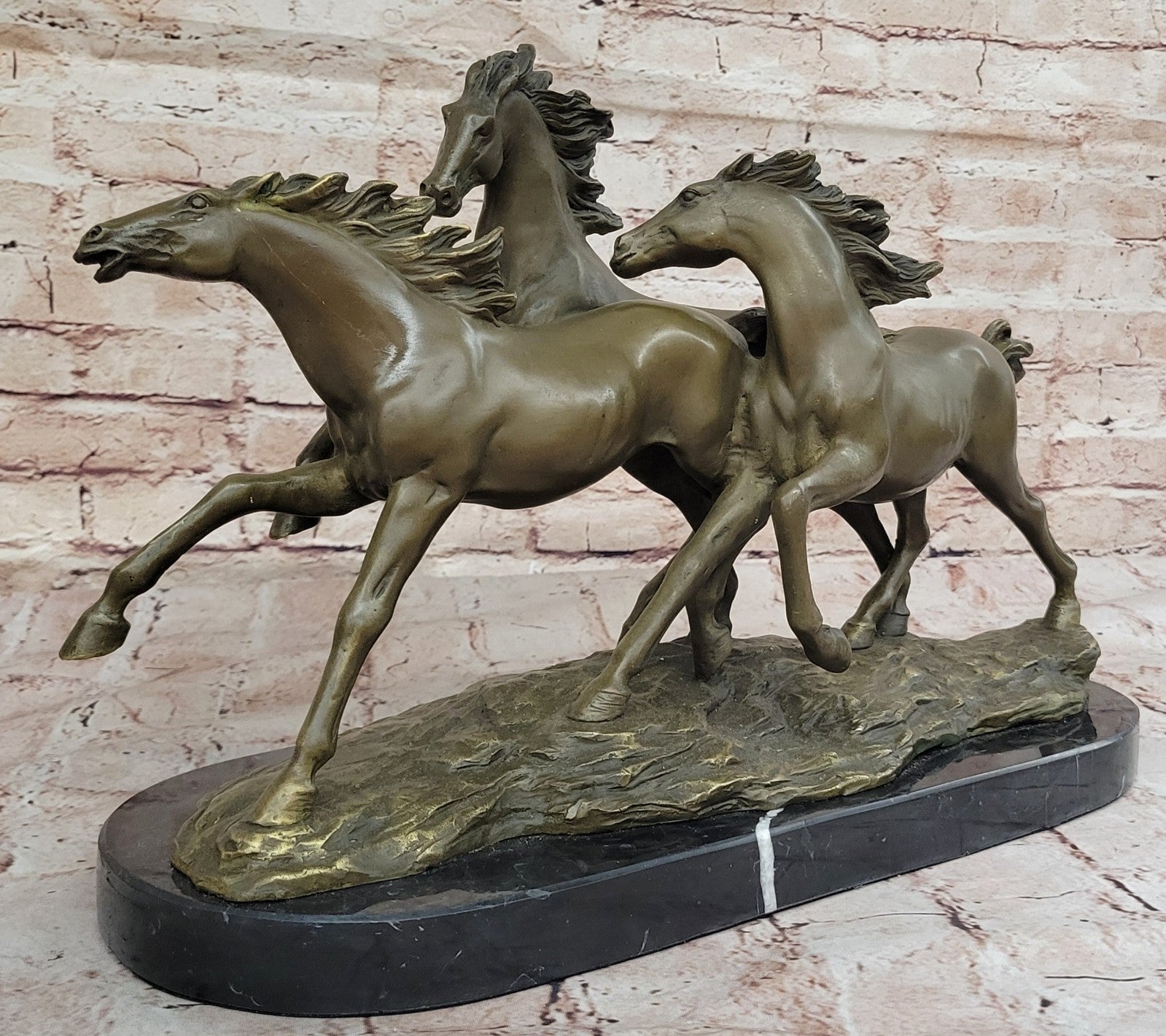 Art Deco 3 Wild Horses Running Bronze Sculpture – 26 LBS Masterpiece Figurine SALE