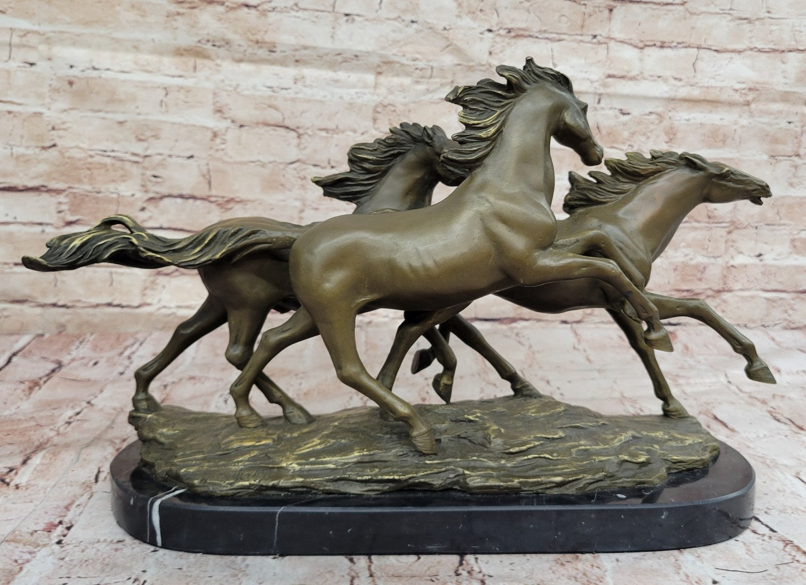 Art Deco 3 Wild Horses Running Bronze Sculpture – 26 LBS Masterpiece Figurine SALE