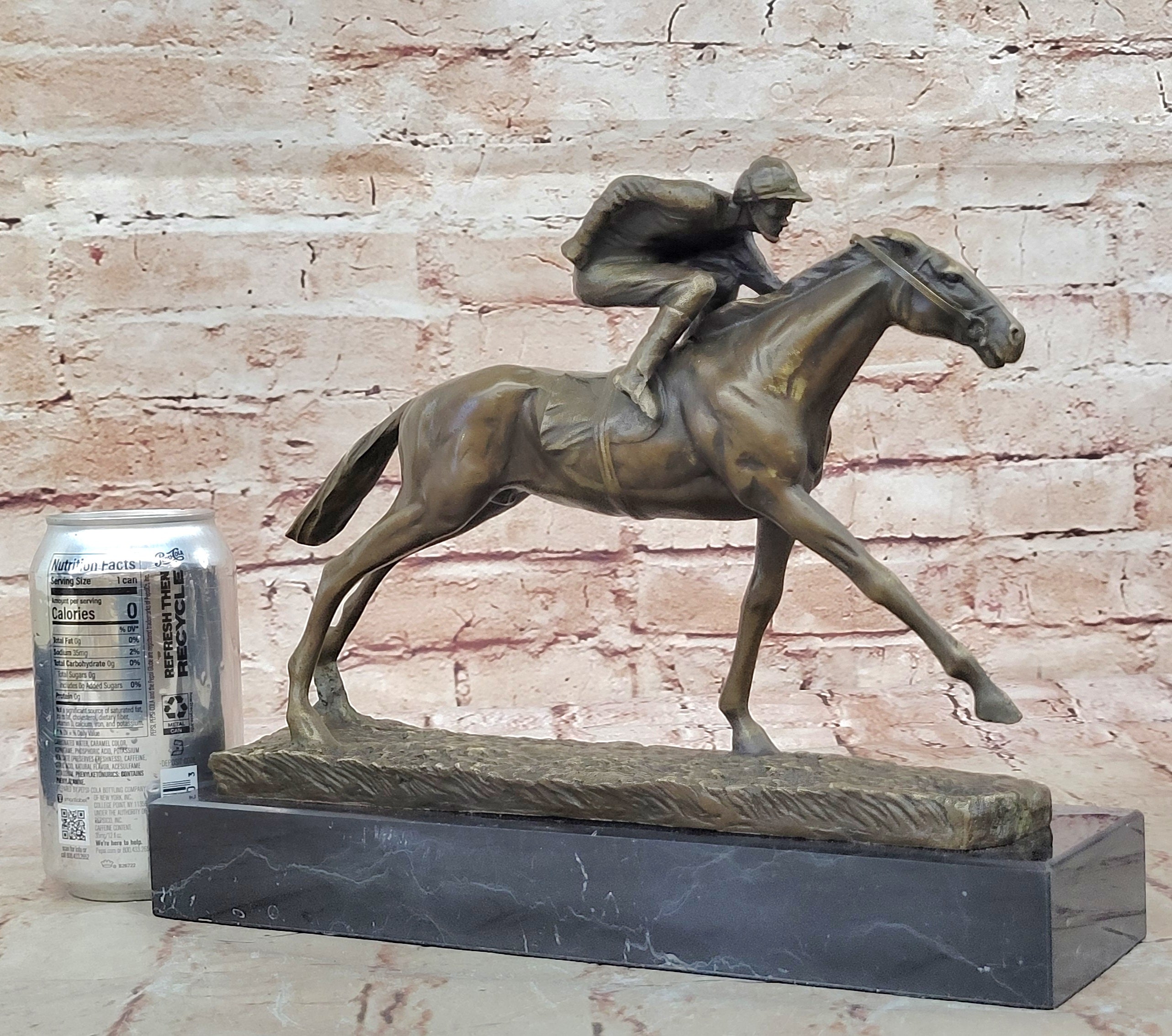 100% Bronze Sculpture Original Signed Statue Of Jockey& Race Horse Office Trophy