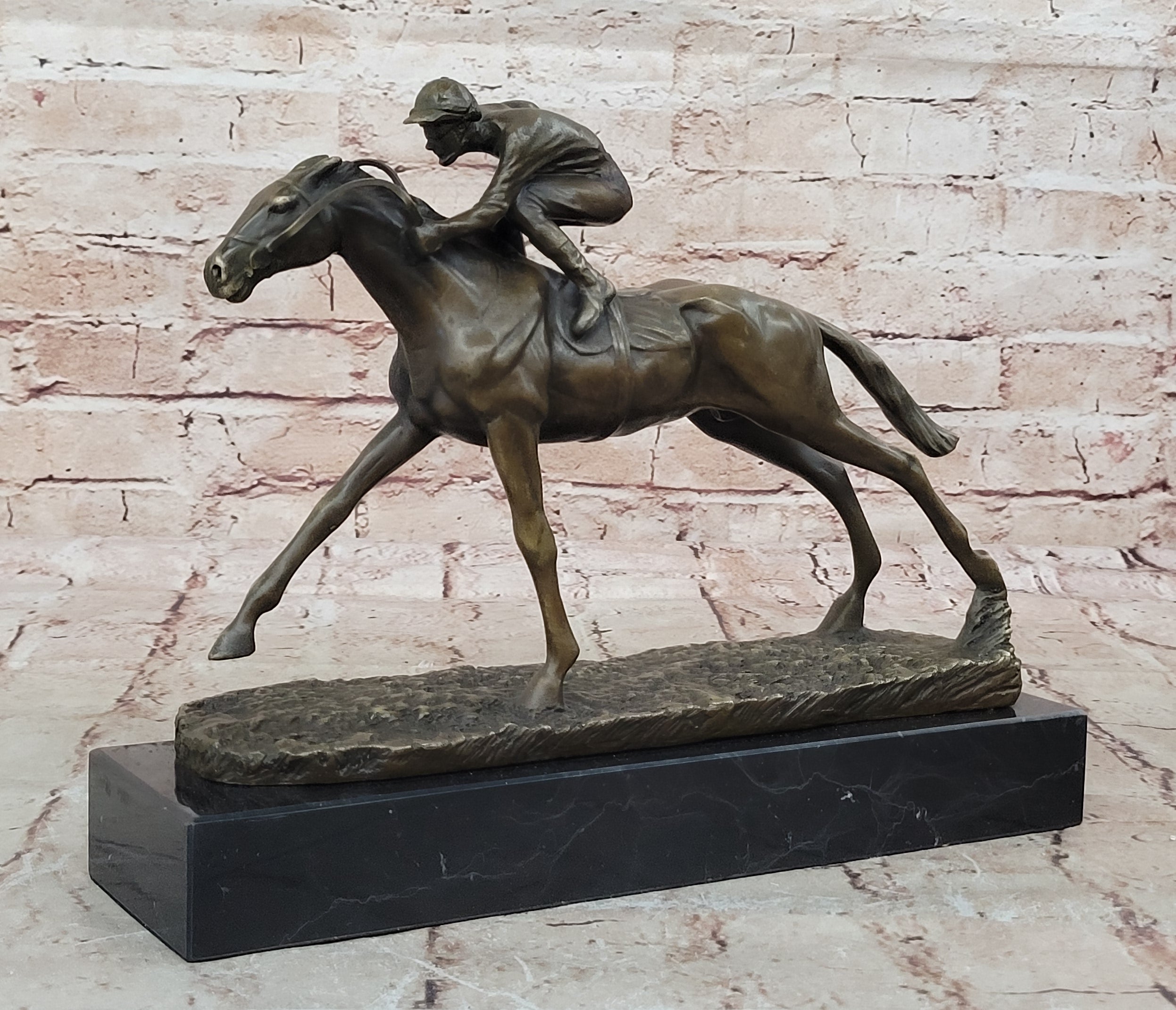 100% Bronze Sculpture Original Signed Statue Of Jockey& Race Horse Office Trophy