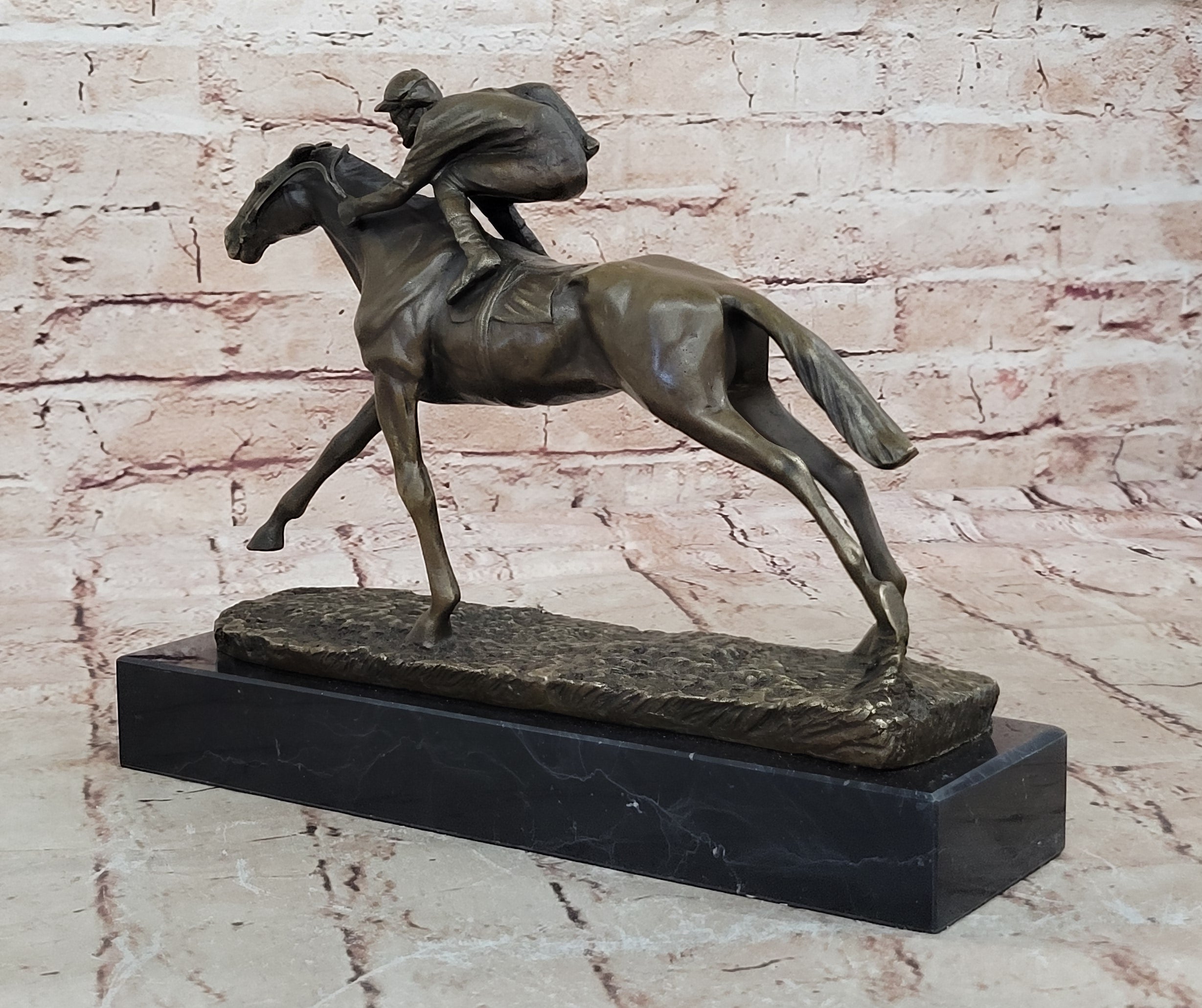 100% Bronze Sculpture Original Signed Statue Of Jockey& Race Horse Office Trophy