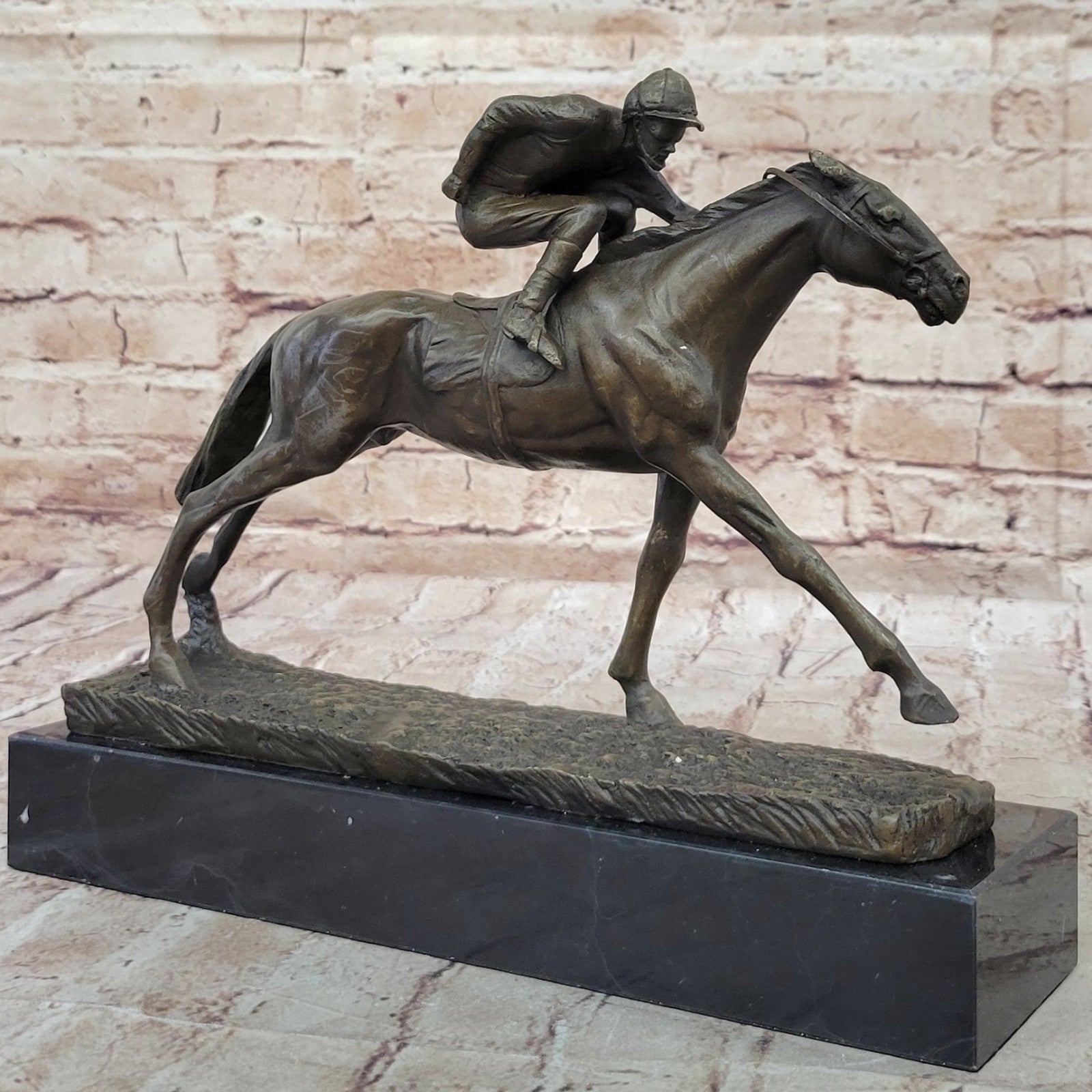 100% Bronze Sculpture Original Signed Statue Of Jockey& Race Horse Office Trophy