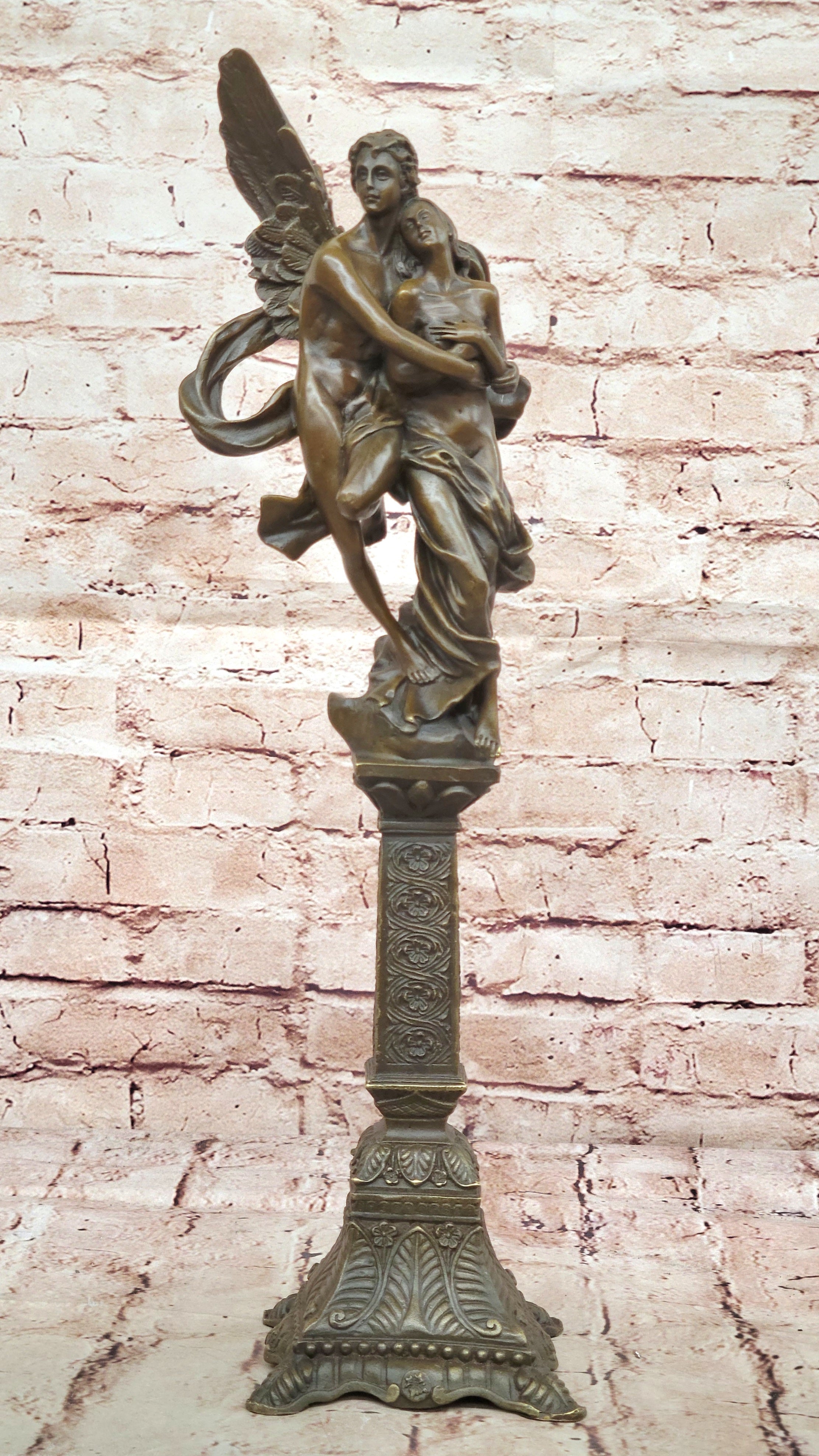 Tall Nude Male Angel Carries Girl Bronze Sculpture Art Nouveau Mythical Deco