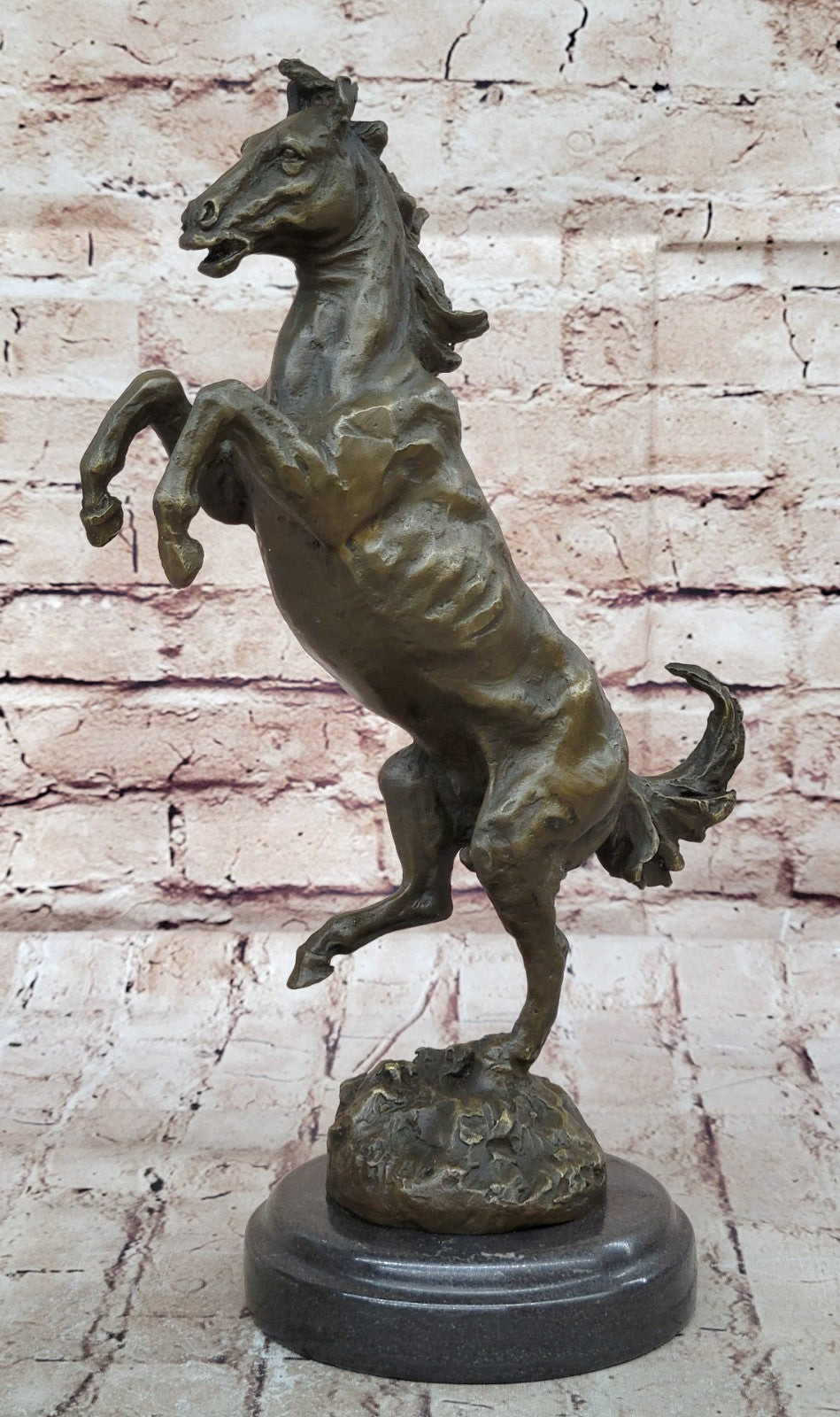Signed Art Deco Rearing Horse Bronze Sculpture Marble Base Statue Lost Wax