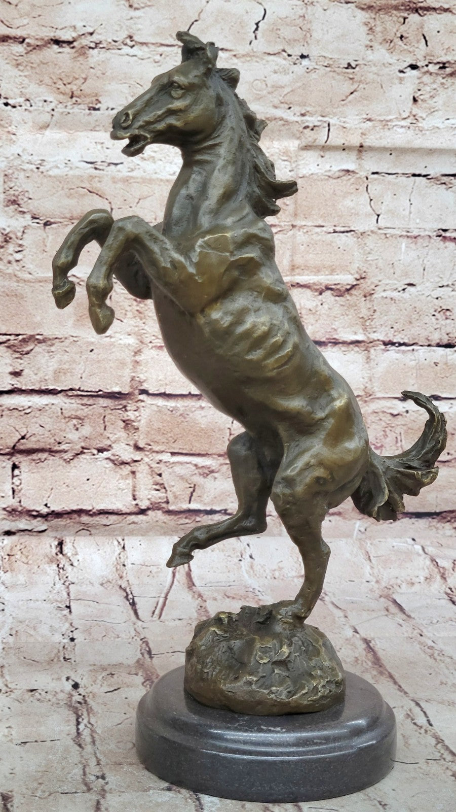 Signed Art Deco Rearing Horse Bronze Sculpture Marble Base Statue Lost Wax