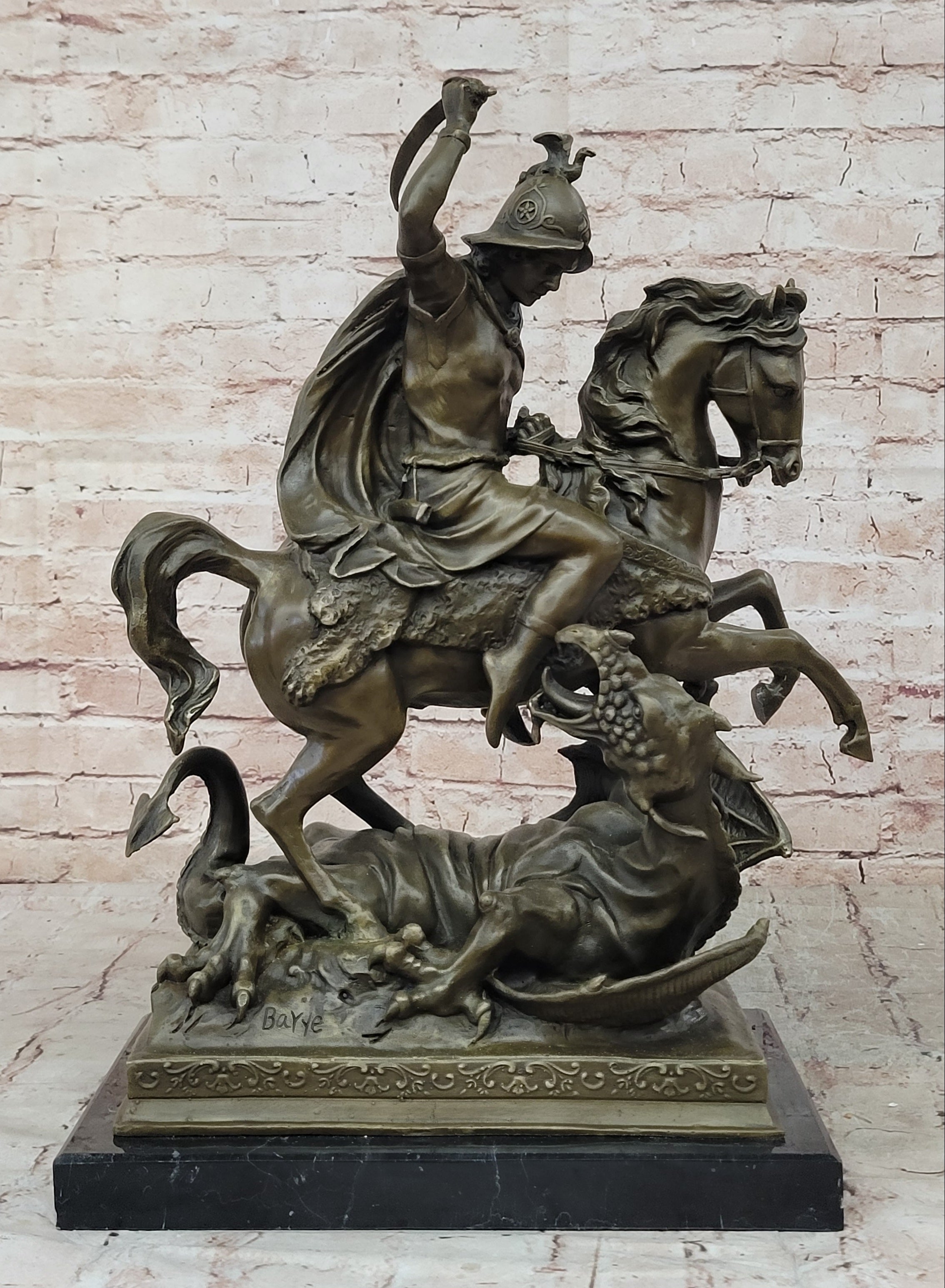 Signed Saint George killing Dragon Bronze Sculpture Art Statue Figurine Figure