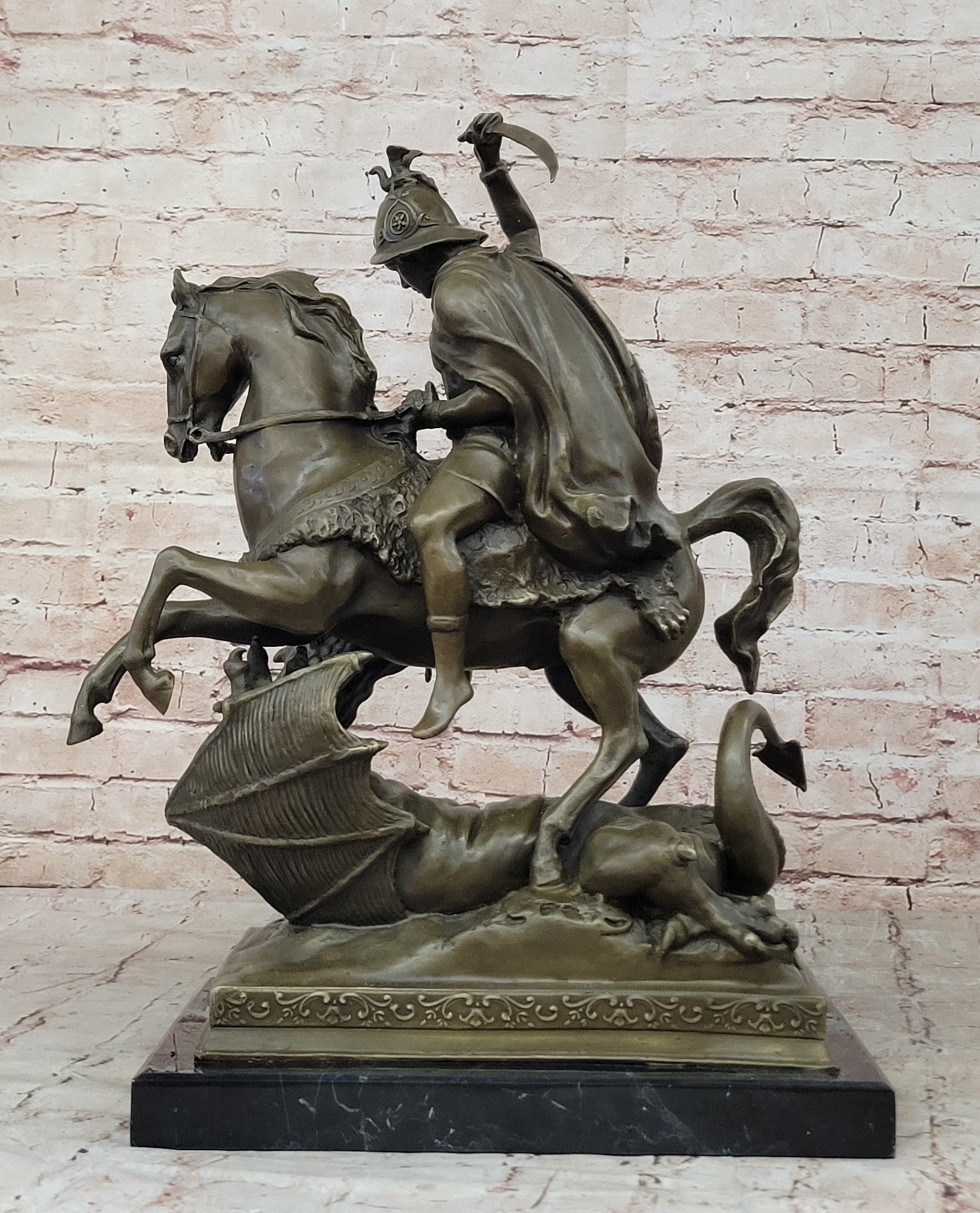 Signed Saint George killing Dragon Bronze Sculpture Art Statue Figurine Figure