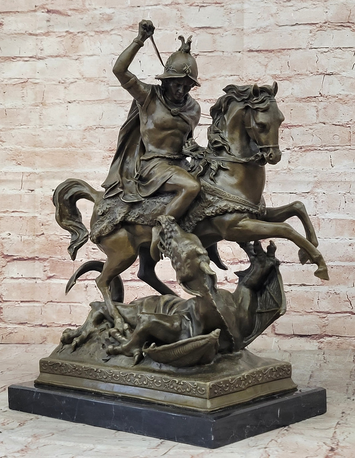 Signed Saint George killing Dragon Bronze Sculpture Art Statue Figurine Figure