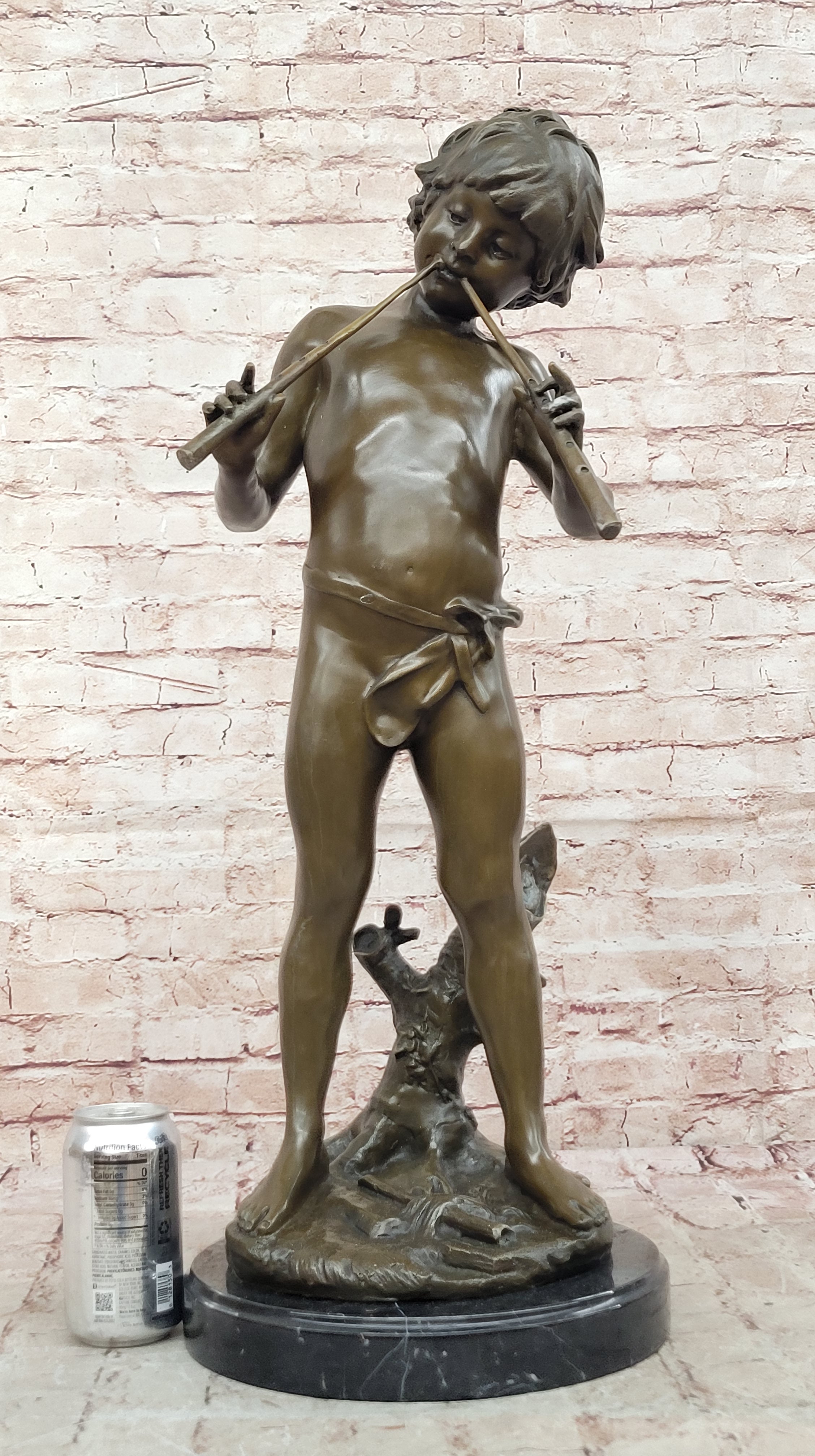Hand Made Genuine Heavy Solid Bronze Boy playing Flute Bronze Sculpture Sale