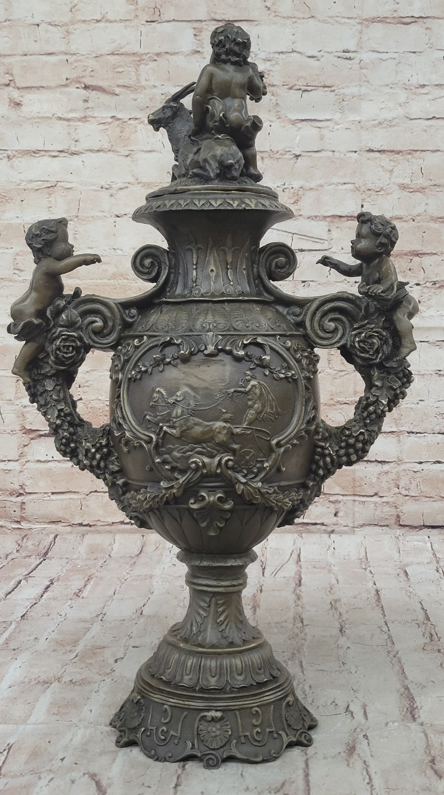 Handcrafted Urn Mythical Mythology Cherubs Baby Angel Bronze Sculpture Statue