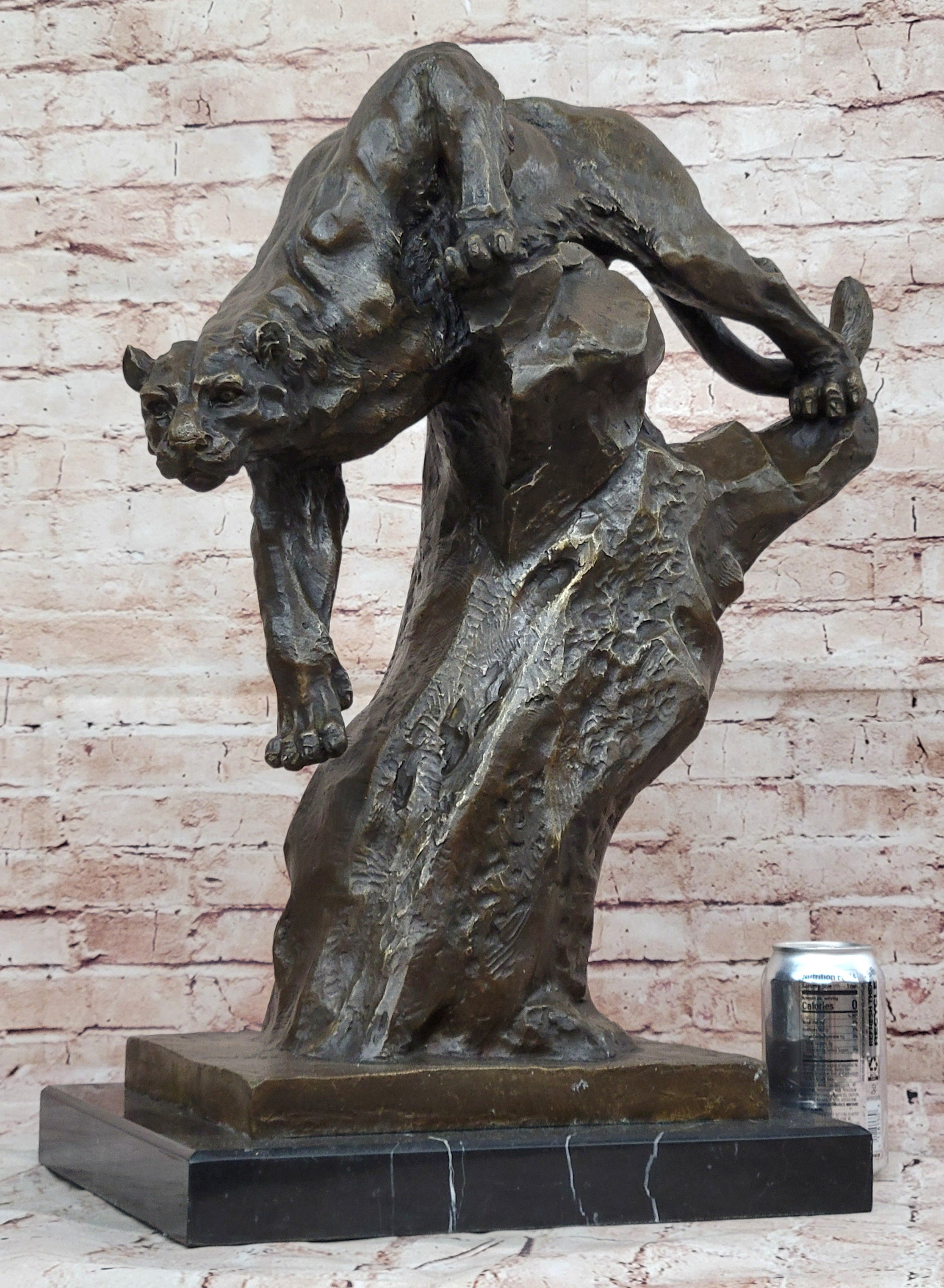 Hand Made Massive Cougar on a tree Stump Bronze Sculpture Home Cabin Decor