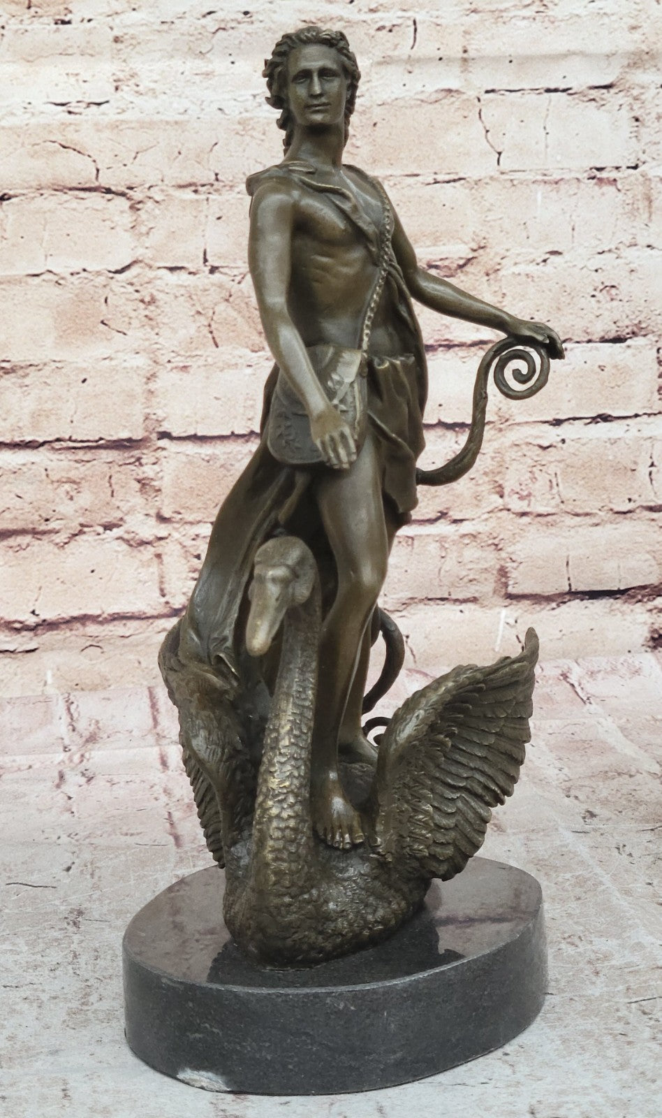 Signed M.Lopez Leda and the Swan Bronze Marble Statue Mythical Greek Sculpture NR