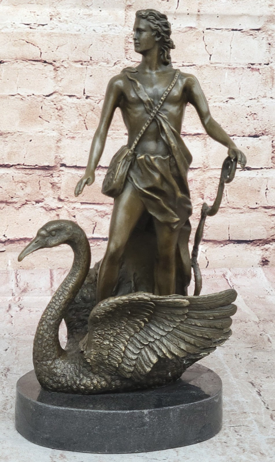 Signed M.Lopez Leda and the Swan Bronze Marble Statue Mythical Greek Sculpture NR