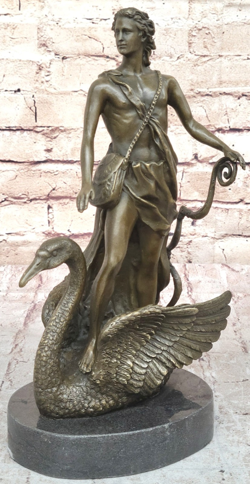 Signed M.Lopez Leda and the Swan Bronze Marble Statue Mythical Greek Sculpture NR