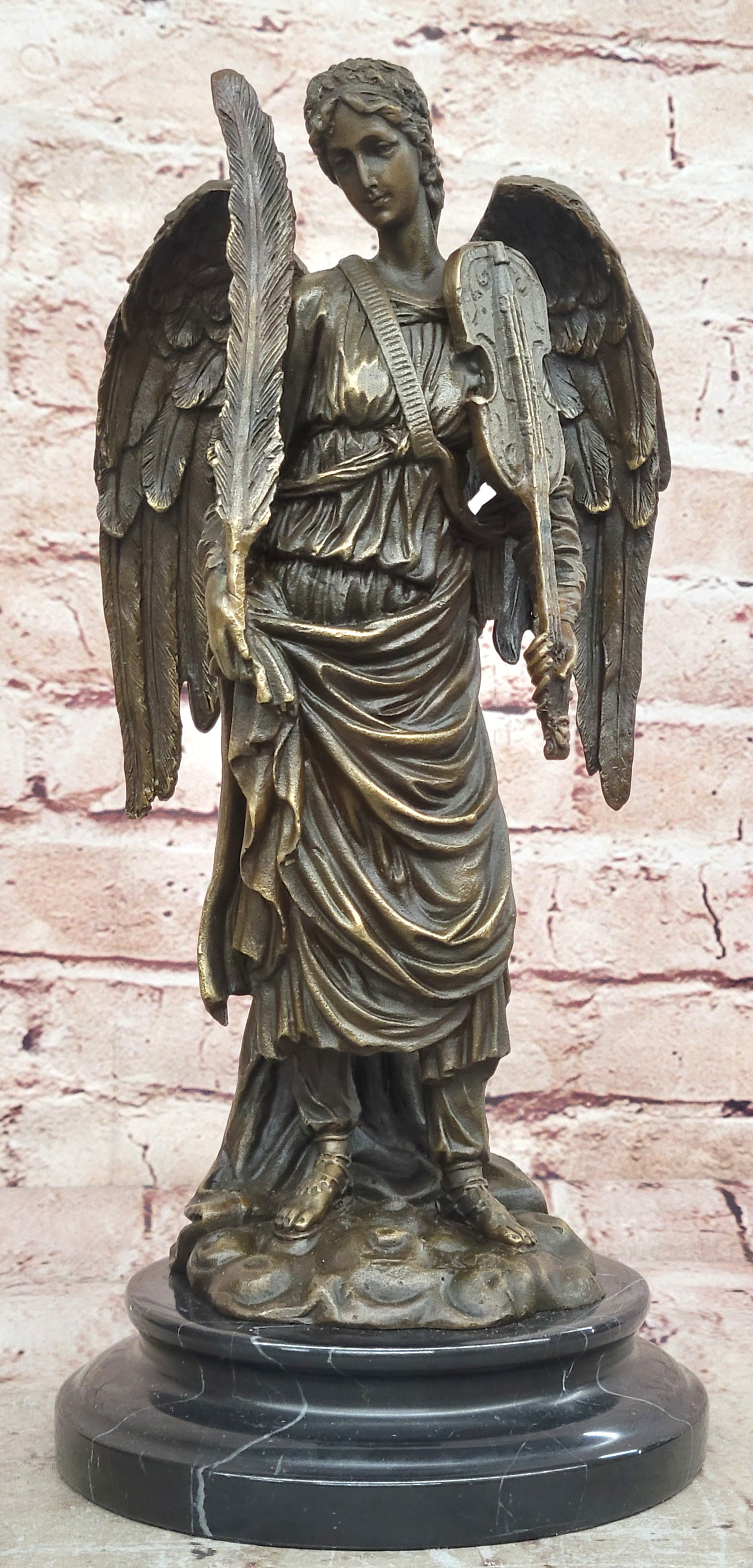 Auguste Moreau Inspired Angel Bronze Statue Feathered Violin Figurine Collectible