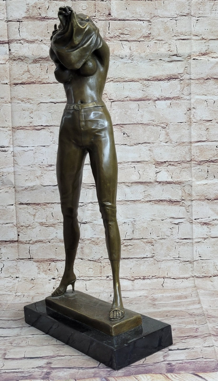 Captivating Aldo Vitaleh Bronze Sculpture: Extra Large Woman Removing Her Top