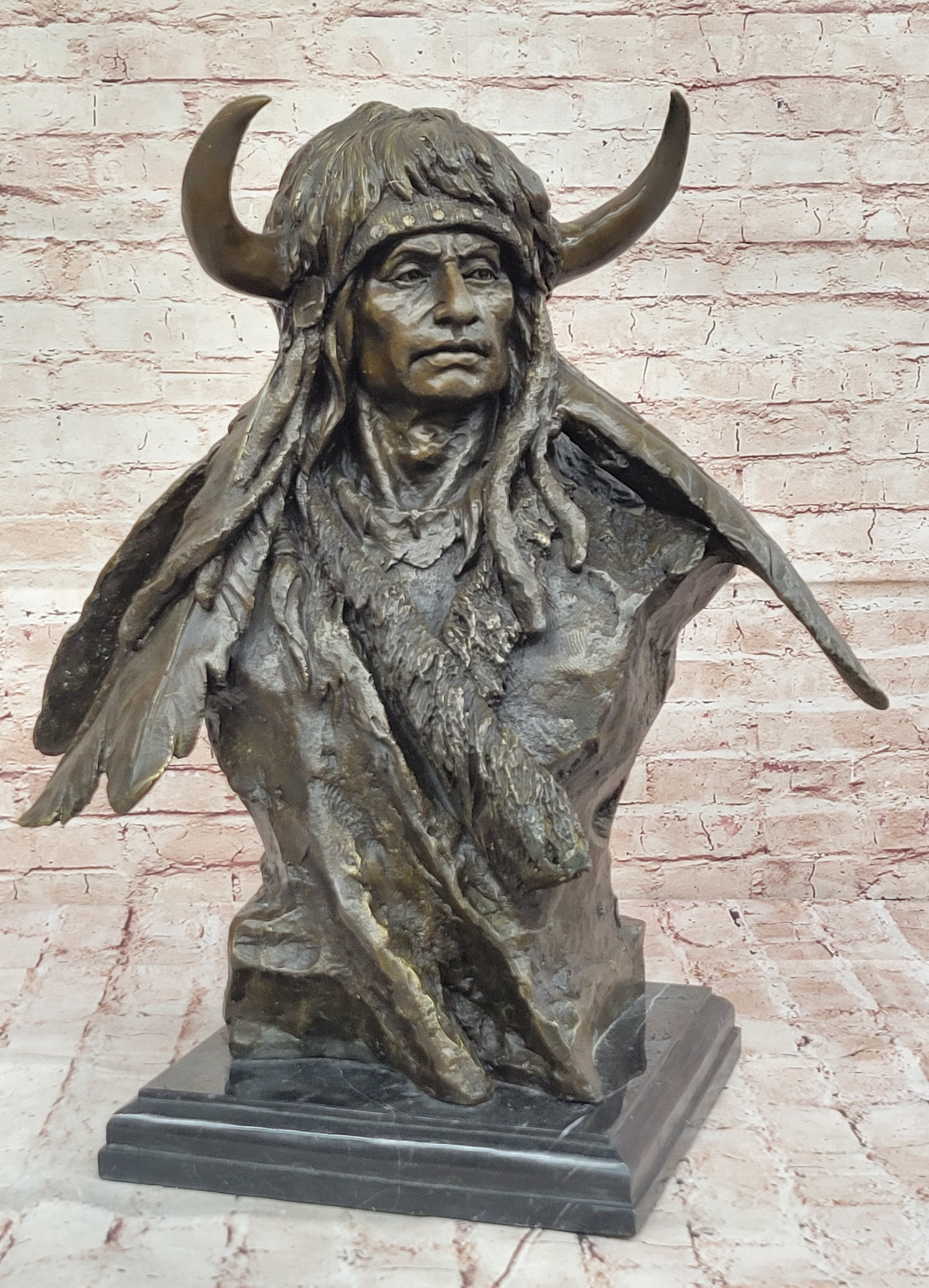 Bronze Sculpture Statue of Native American Warrior Crazy Horse Bust Signed Milo