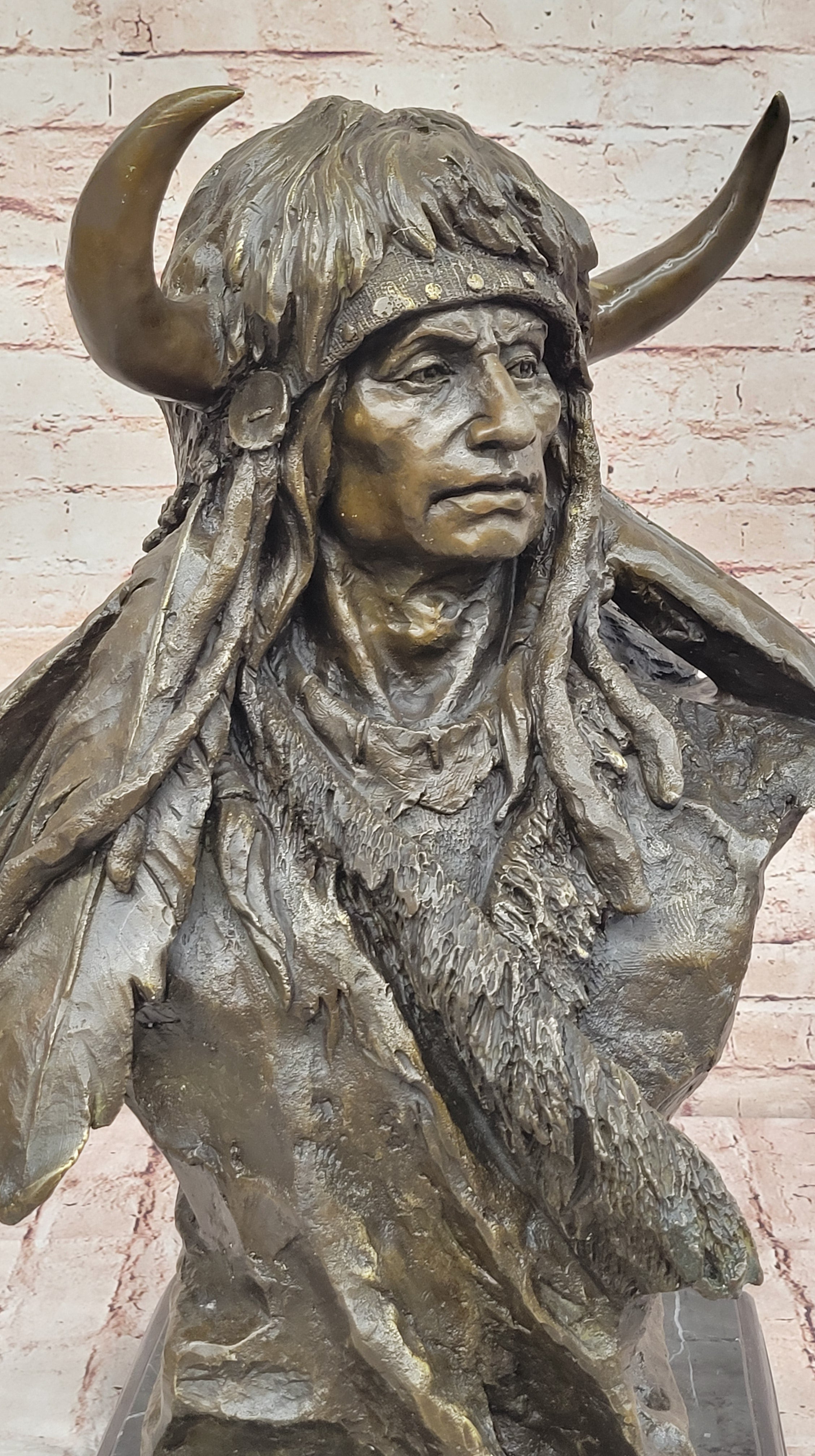 Bronze Sculpture Statue of Native American Warrior Crazy Horse Bust Signed Milo
