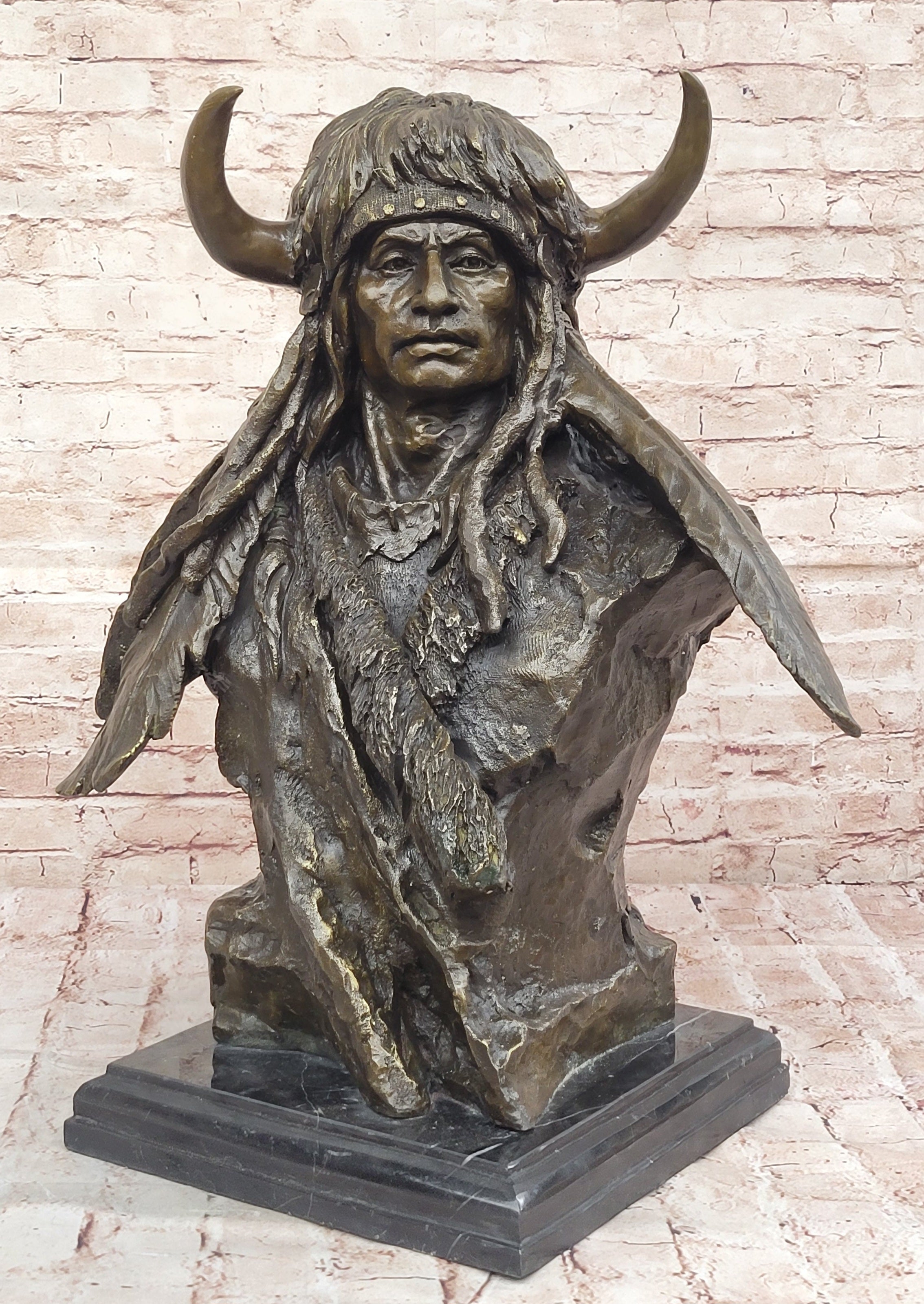 Bronze Sculpture Statue of Native American Warrior Crazy Horse Bust Signed Milo