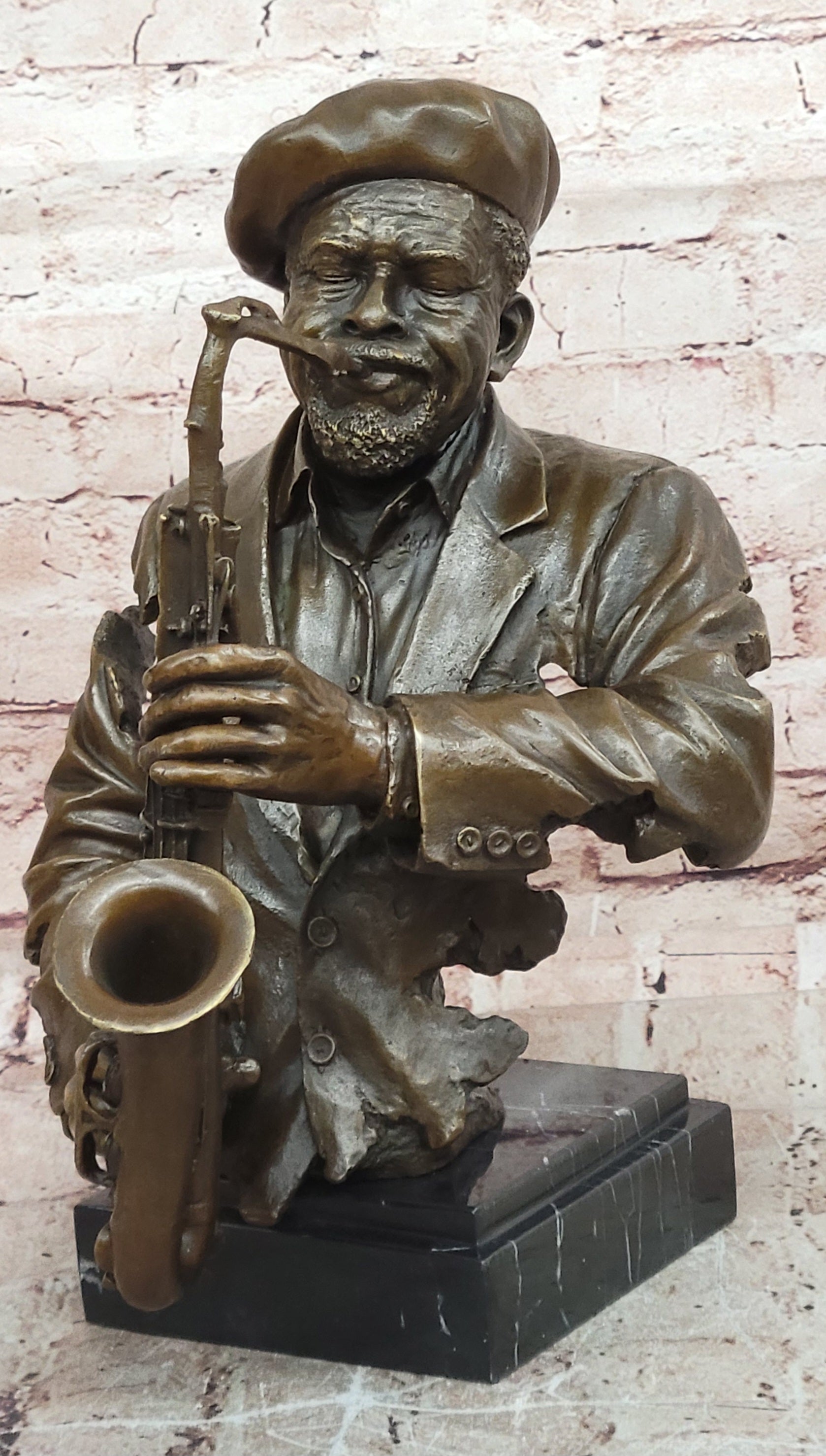Vintage Brutalist Cast Bronze Sculpture Jazz Saxophone Player Figure Mid Century