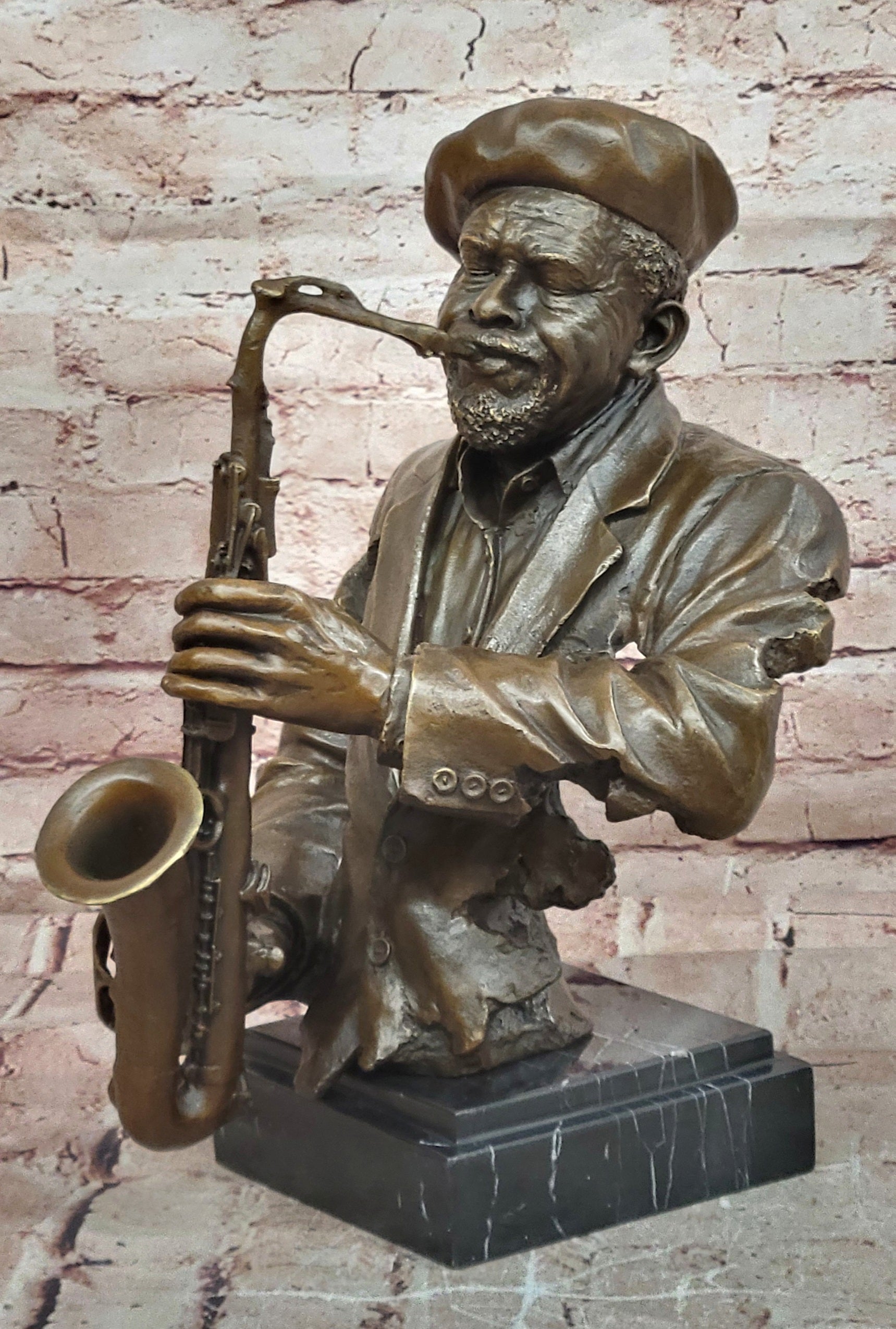 Vintage Brutalist Cast Bronze Sculpture Jazz Saxophone Player Figure Mid Century