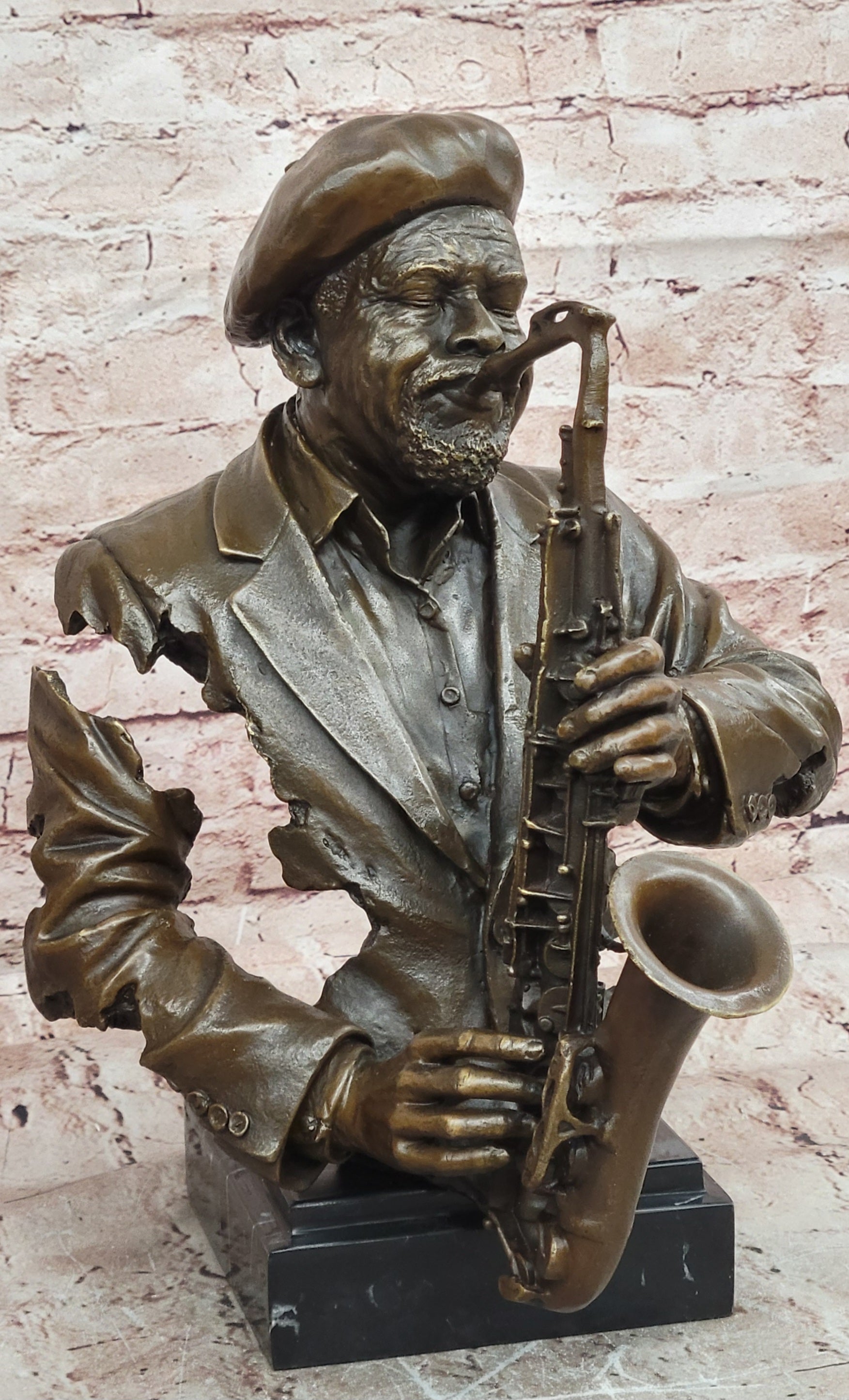 Vintage Brutalist Cast Bronze Sculpture Jazz Saxophone Player Figure Mid Century