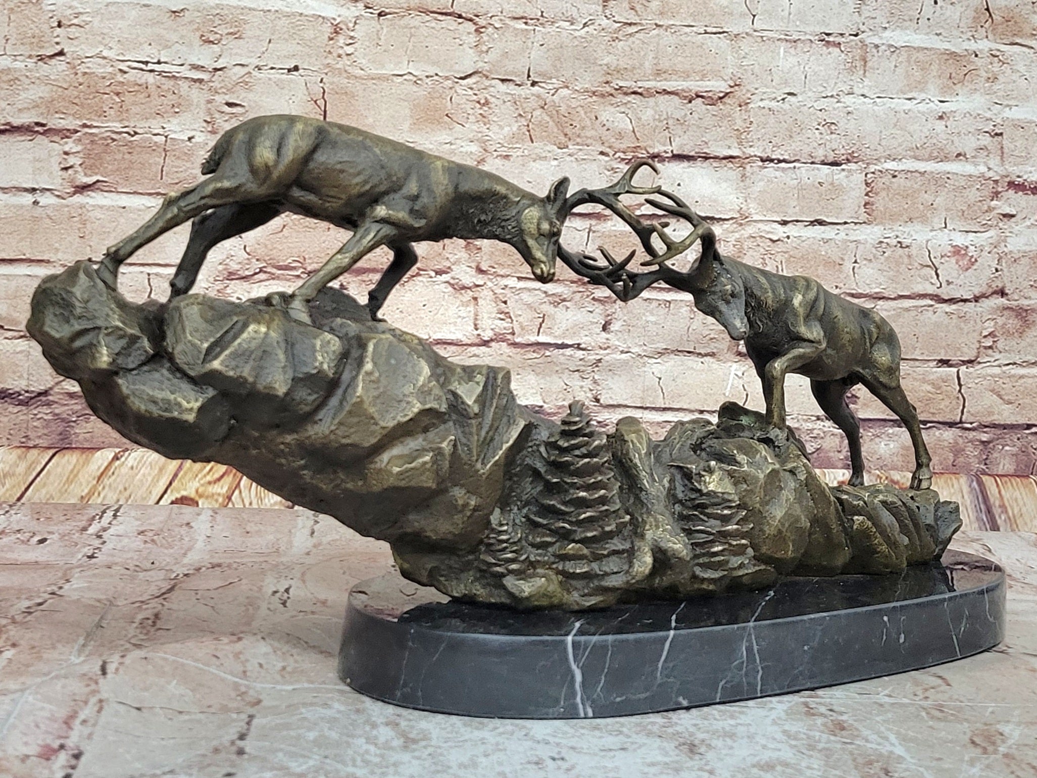 Rutting Stags, Real Bronze Sculpture on a solid marble base. Art, Gift.