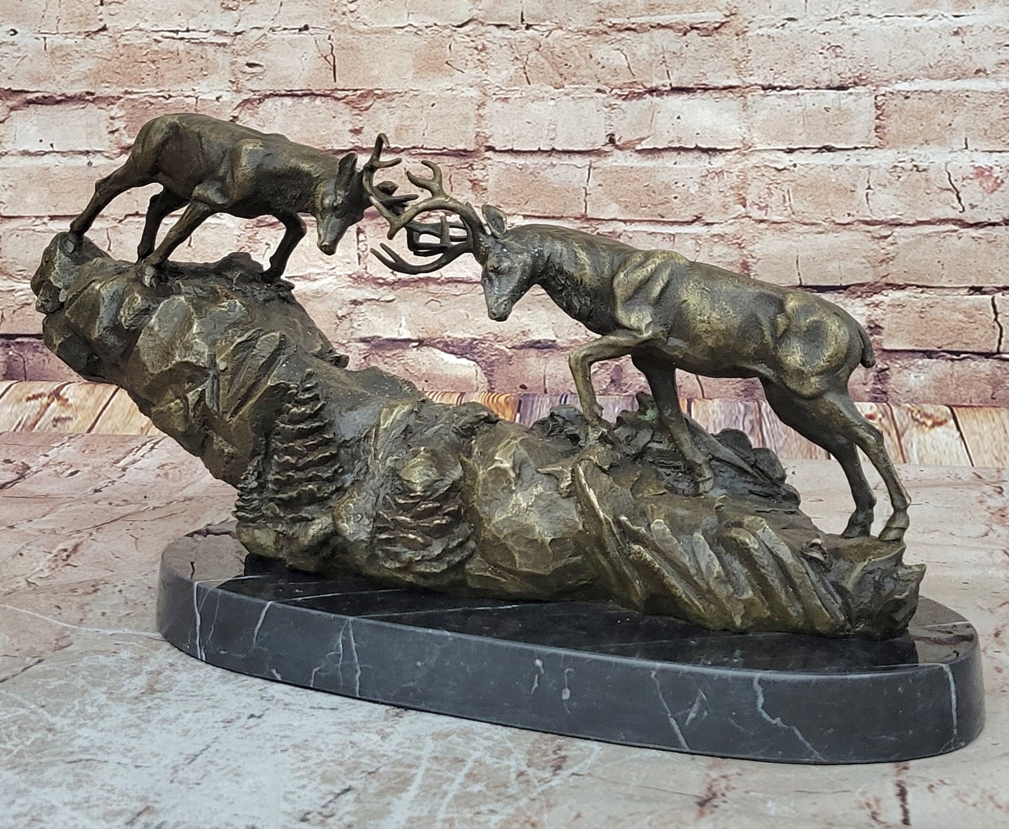 Rutting Stags, Real Bronze Sculpture on a solid marble base. Art, Gift.
