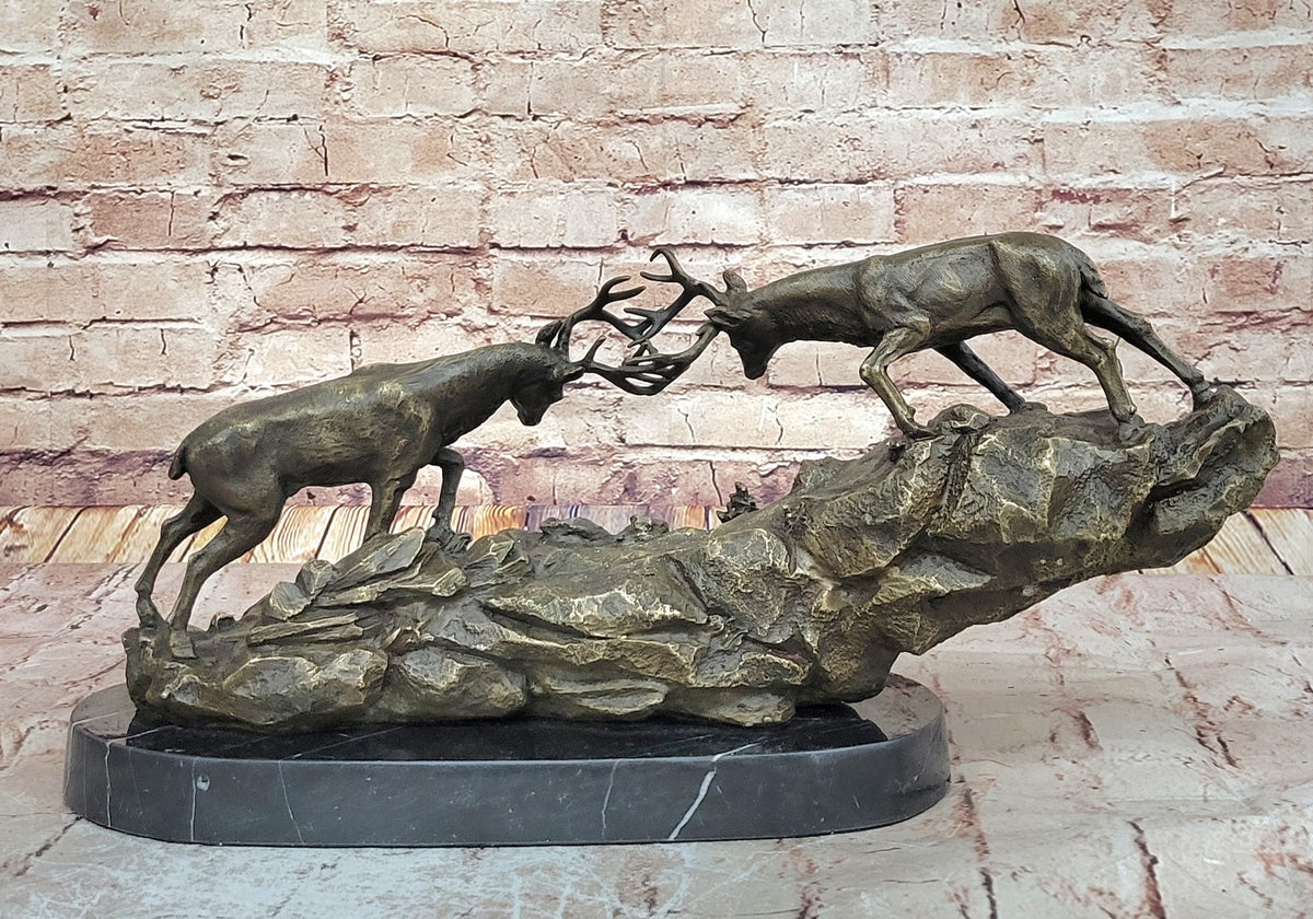 Rutting Stags, Real Bronze Sculpture on a solid marble base. Art, Gift.