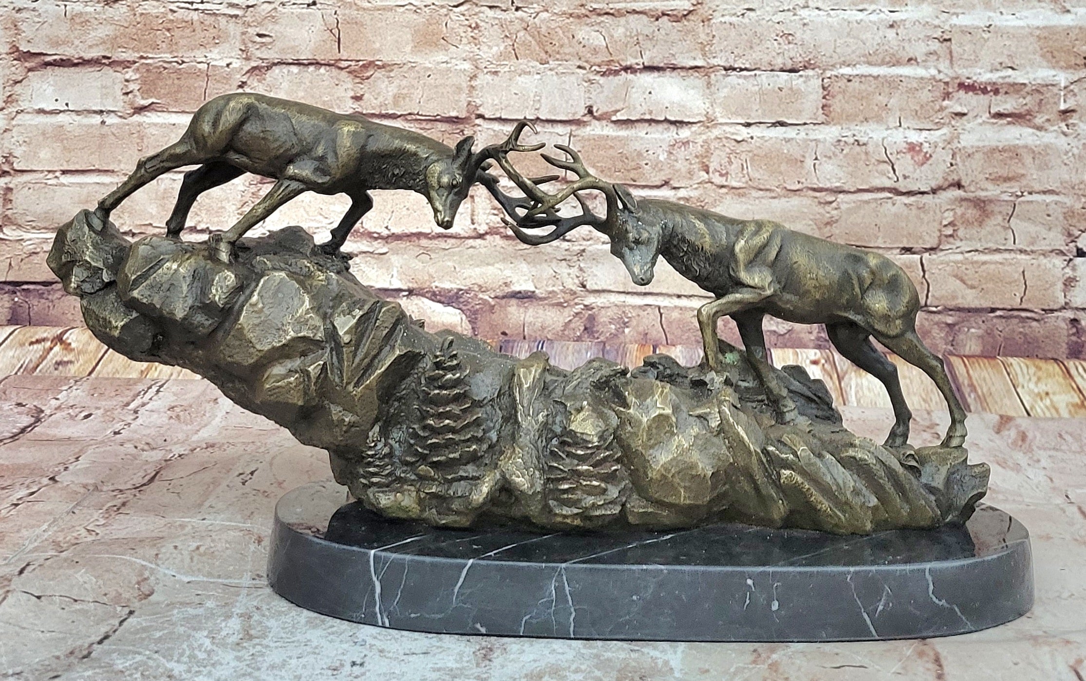 Rutting Stags, Real Bronze Sculpture on a solid marble base. Art, Gift.