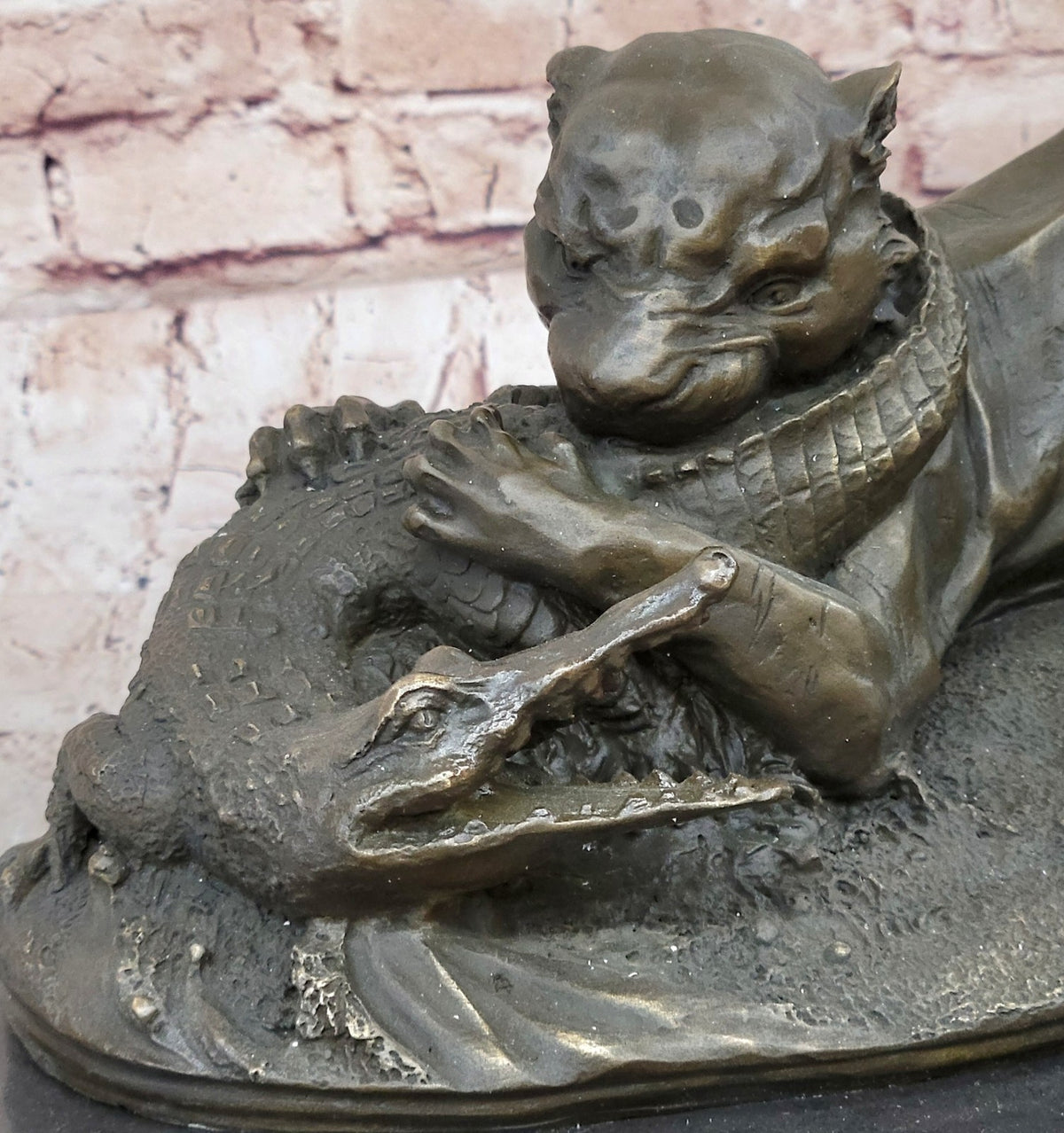 Bronze Sculpture Animal Wildlife Masterpiece Lion and Crocodile Home Decor Sale
