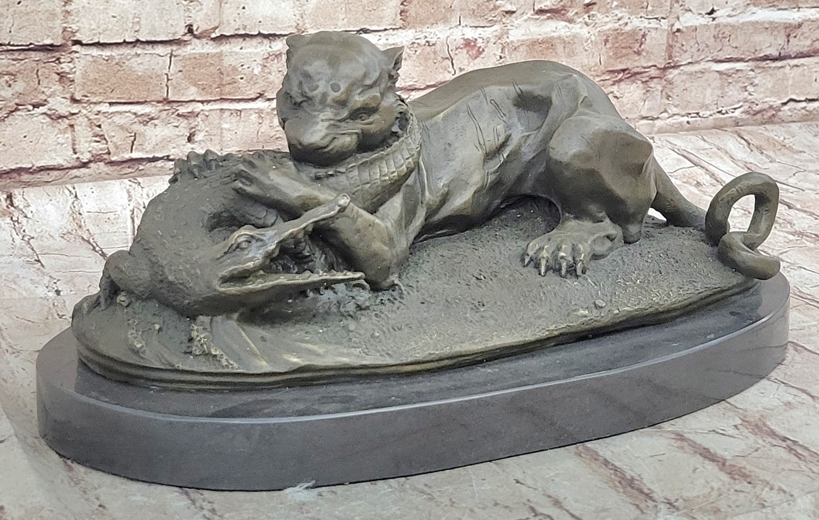 Bronze Sculpture Animal Wildlife Masterpiece Lion and Crocodile Home Decor Sale