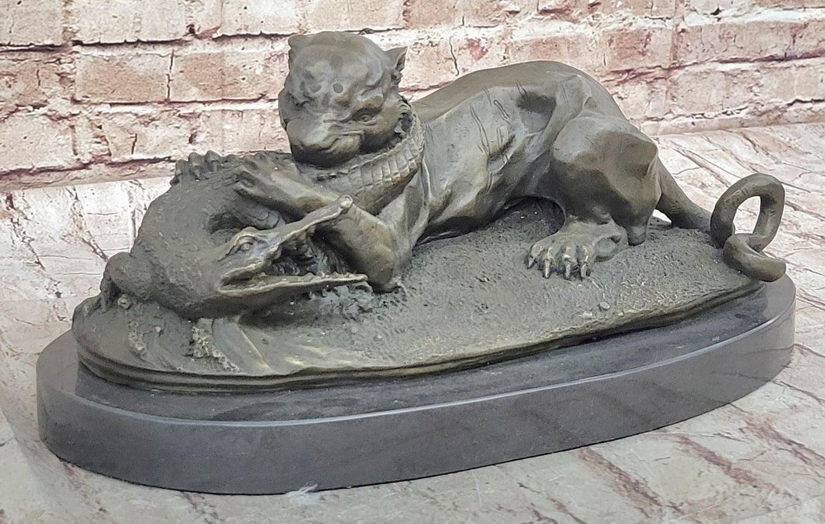 Bronze Sculpture Animal Wildlife Masterpiece Lion and Crocodile Home Decor Sale