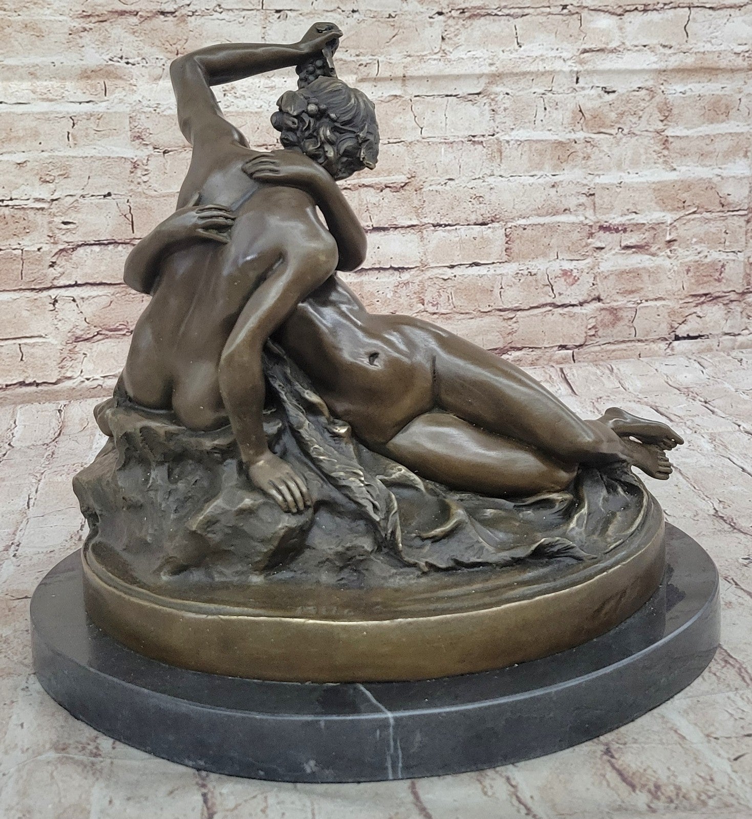 Collectible Bronze Figurine: Mythical Faun Seducing Naked Woman, Signed Milo