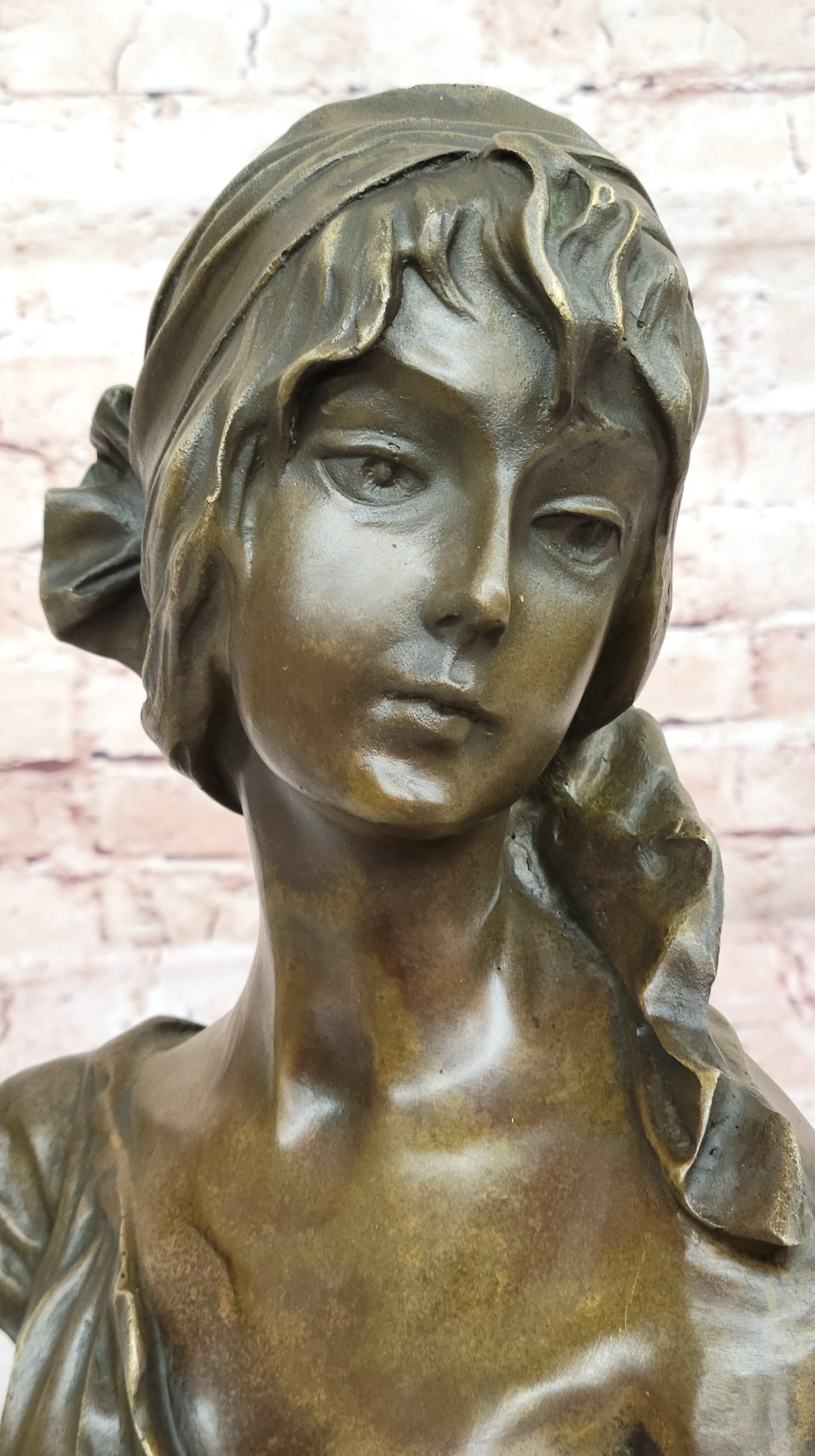 Vintage Handcrafted Female Bust Large Bronze Art Work Sculpture on Marble