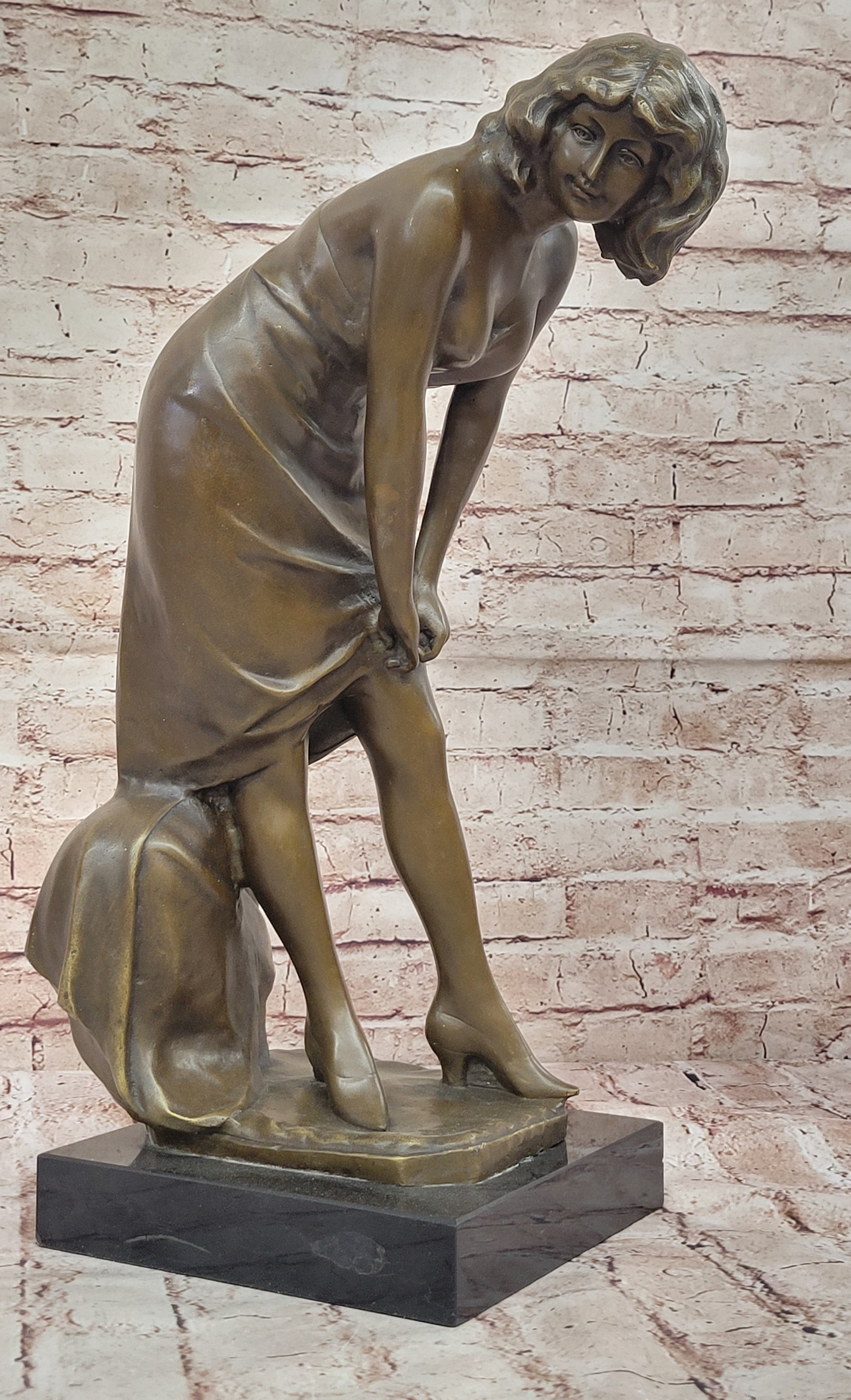 Signed Jean Patoue Bronze Statue Elegant Woman Adjusting Dress Art Nouveau Style