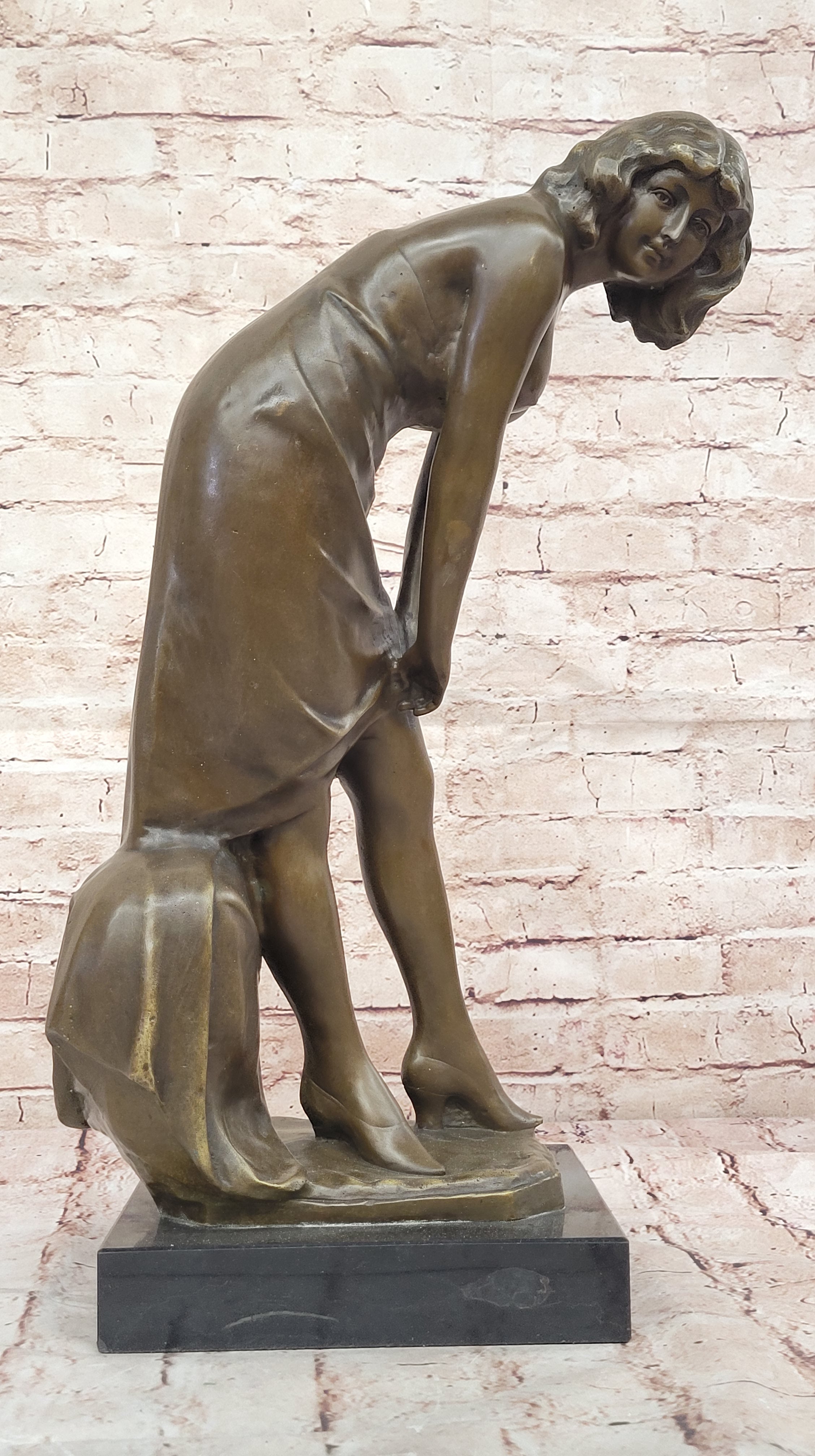 Signed Jean Patoue Bronze Statue Elegant Woman Adjusting Dress Art Nouveau Style