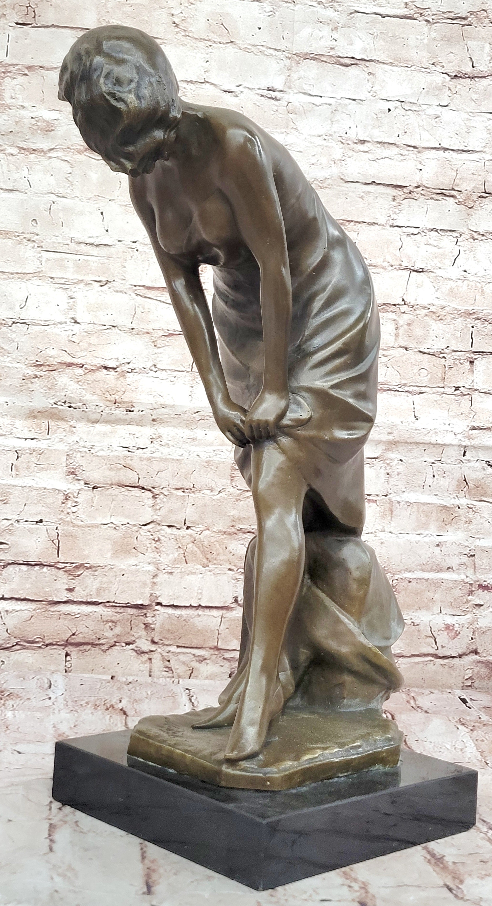 Signed Jean Patoue Bronze Statue Elegant Woman Adjusting Dress Art Nouveau Style