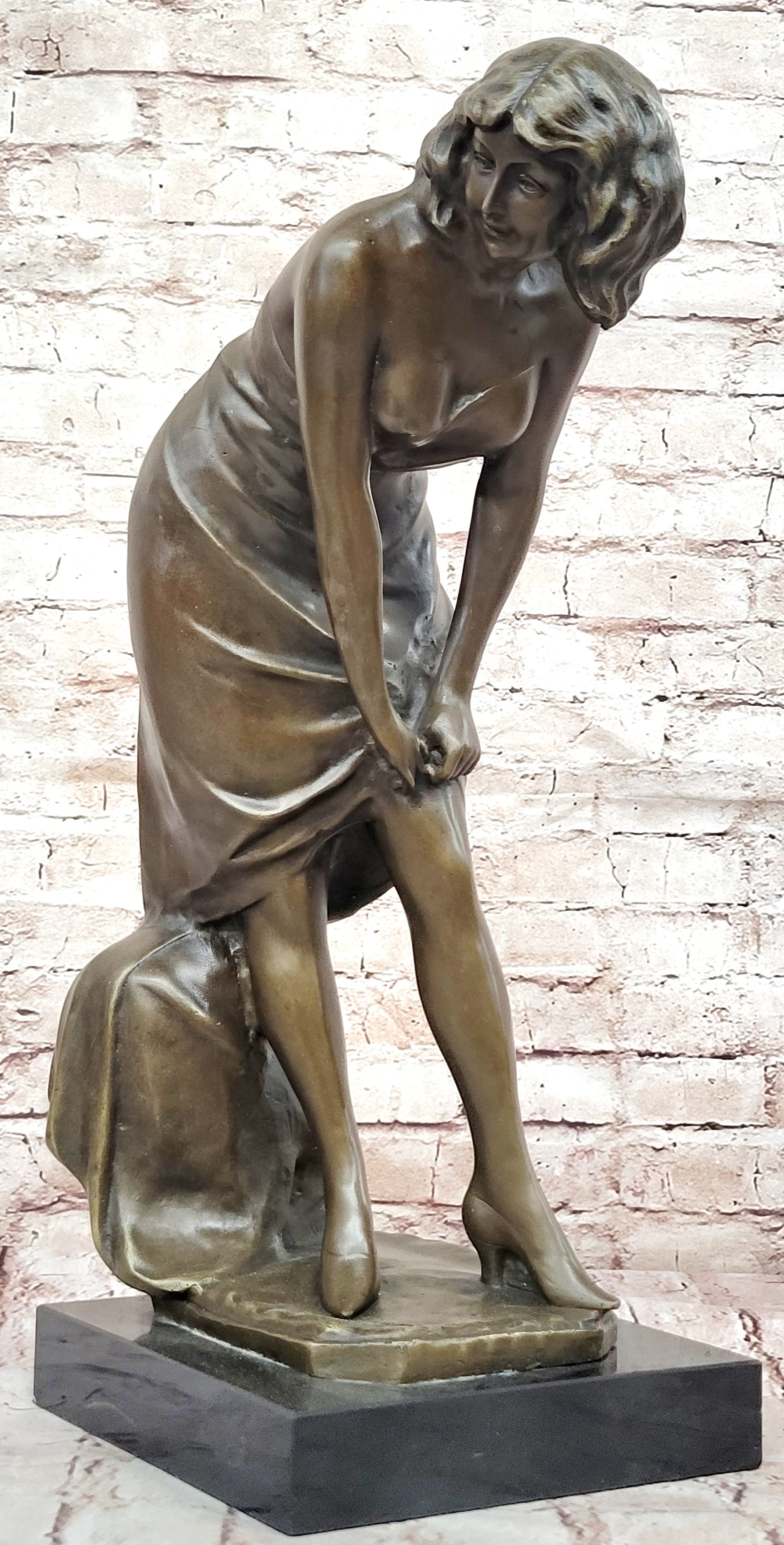 Signed Jean Patoue Bronze Statue Elegant Woman Adjusting Dress Art Nouveau Style