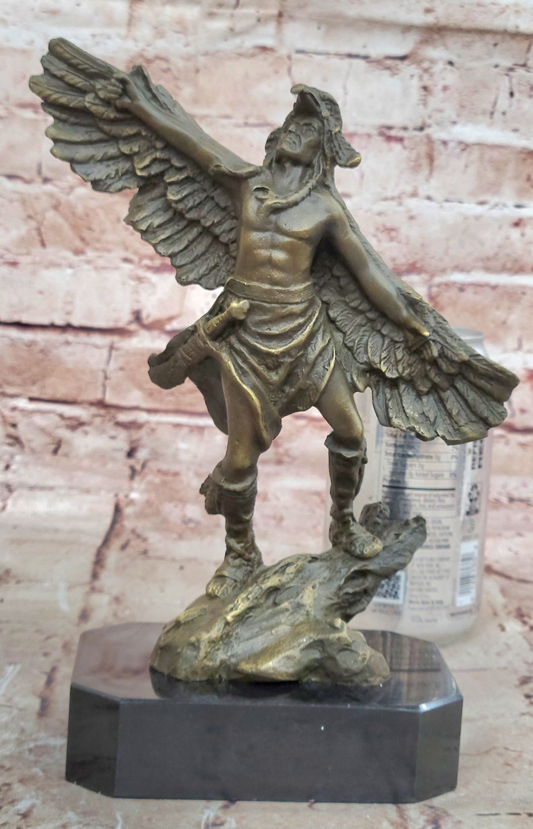 Genuine Bronze Statue Marble Base American Indian Chief Buffalo Headdress Decor