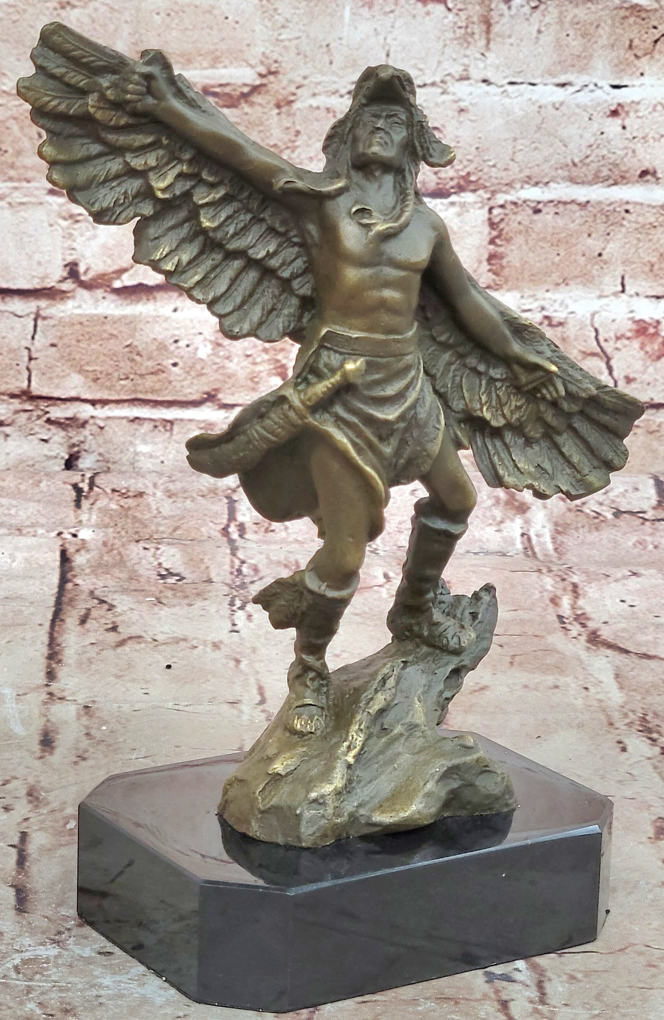 Genuine Bronze Statue Marble Base American Indian Chief Buffalo Headdress Decor