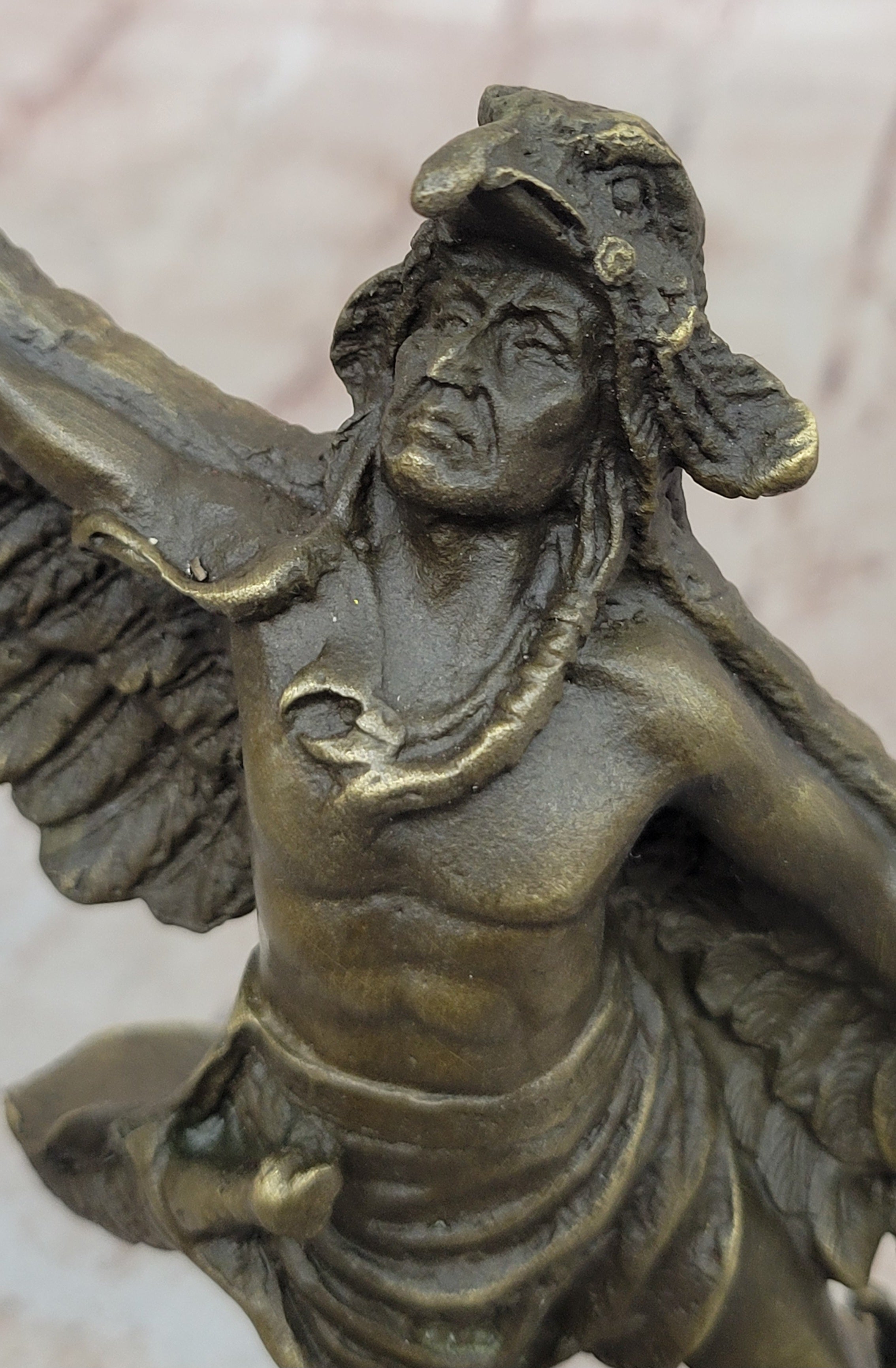 Genuine Bronze Statue Marble Base American Indian Chief Buffalo Headdress Decor