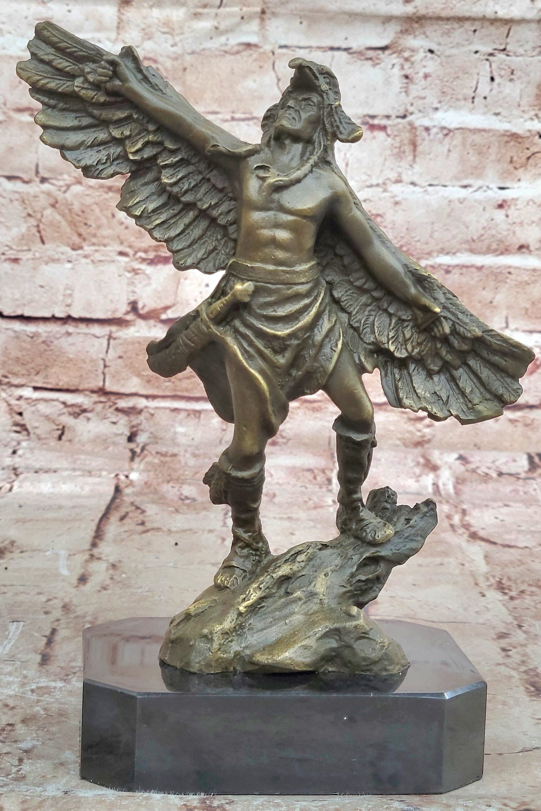 Genuine Bronze Statue Marble Base American Indian Chief Buffalo Headdress Decor