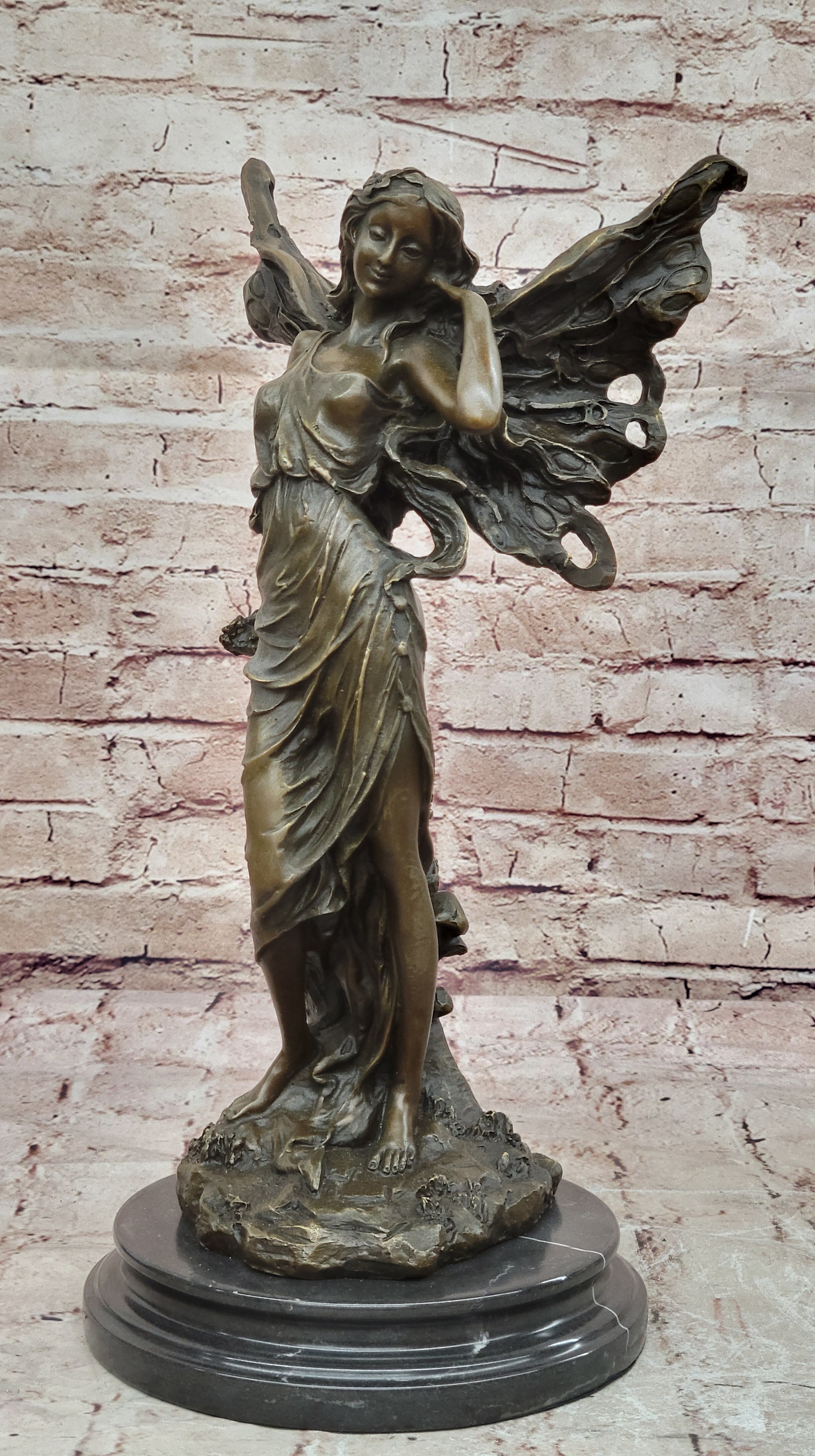 Art Deco Magical Fairy with Wings Gilt Bronze Sculpture Marble Base Statue SALE