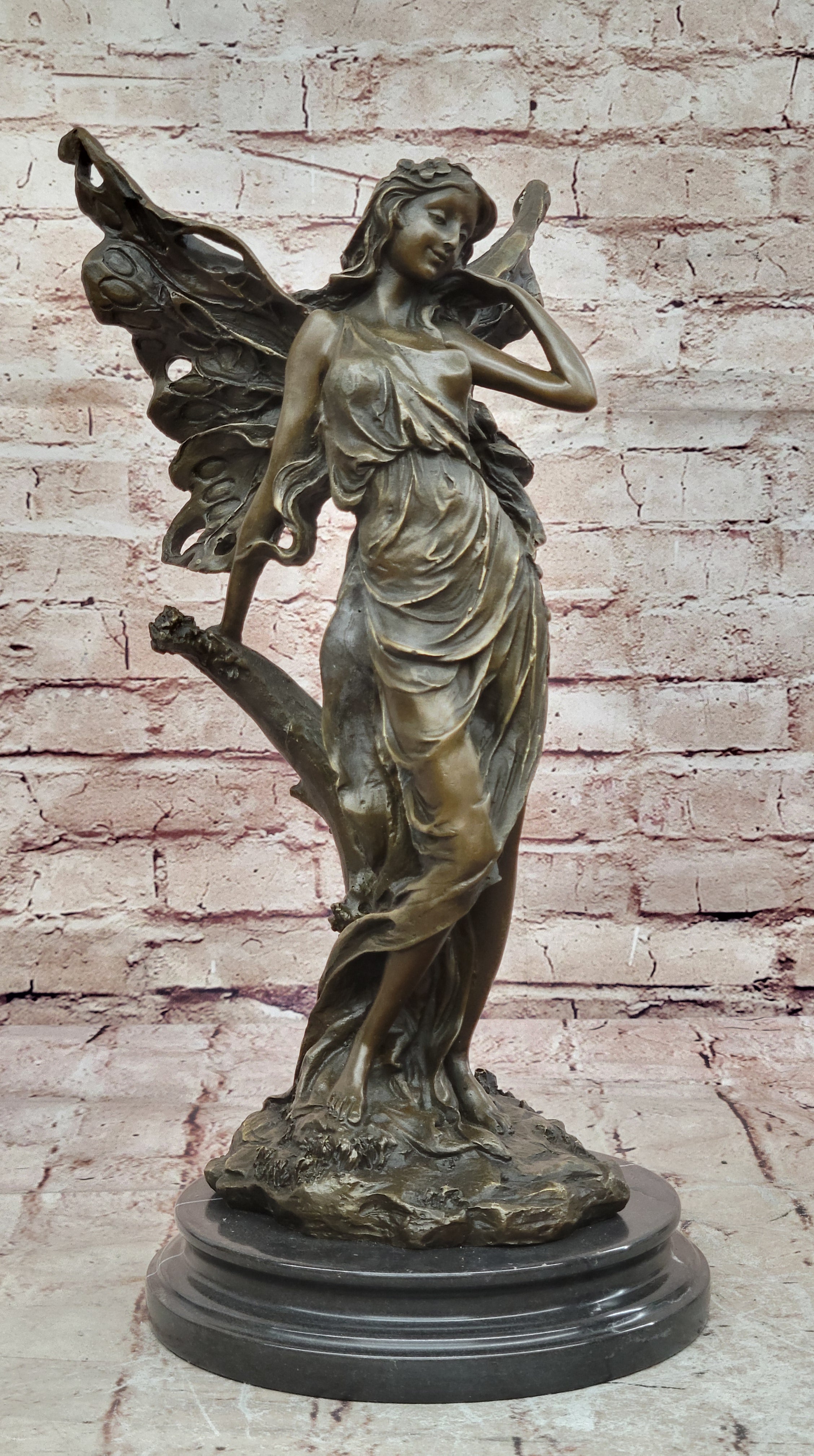 Art Deco Magical Fairy with Wings Gilt Bronze Sculpture Marble Base Statue SALE